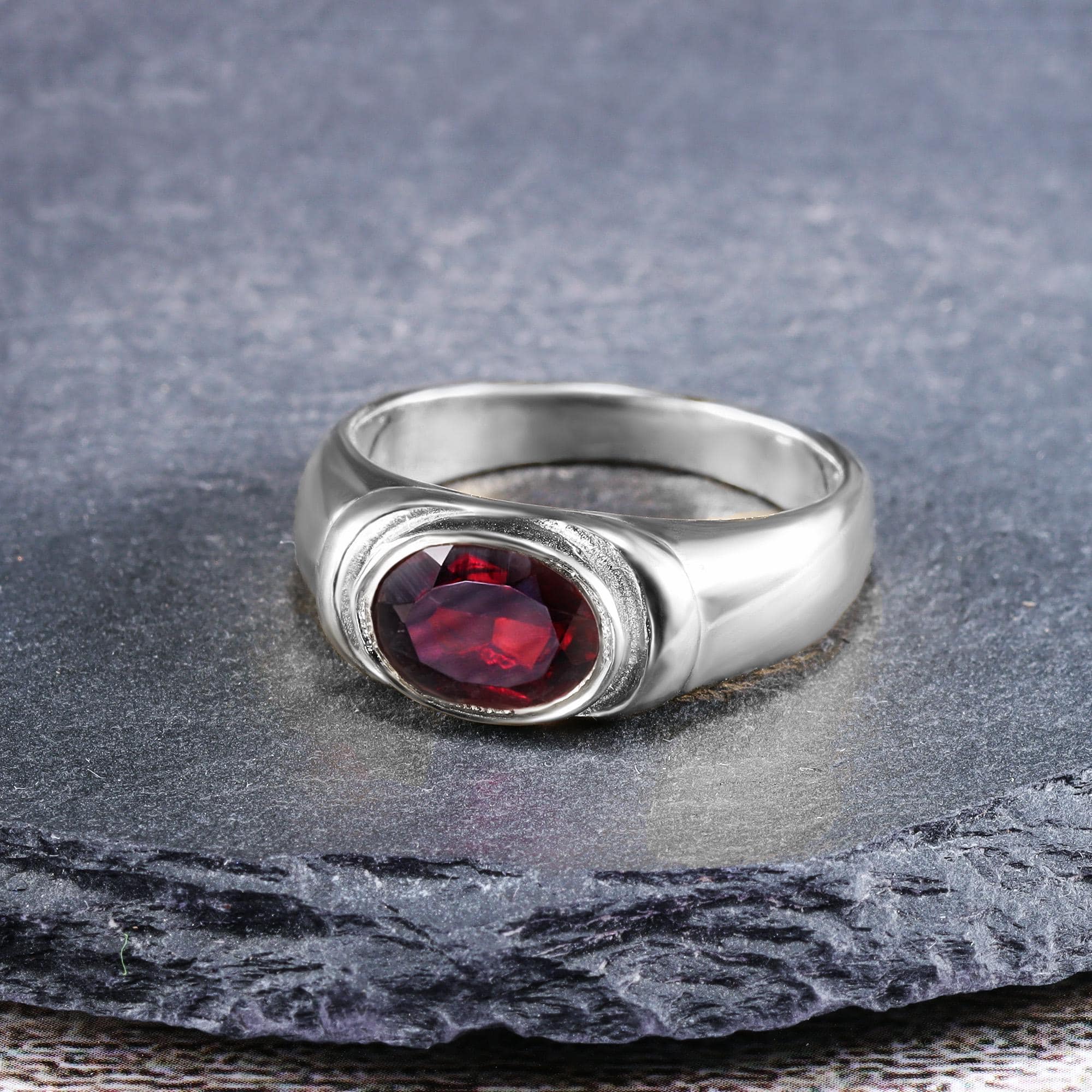 East-West Oval Red Garnet Bezel Set Statement Bold Ring - H.L.Jewelry