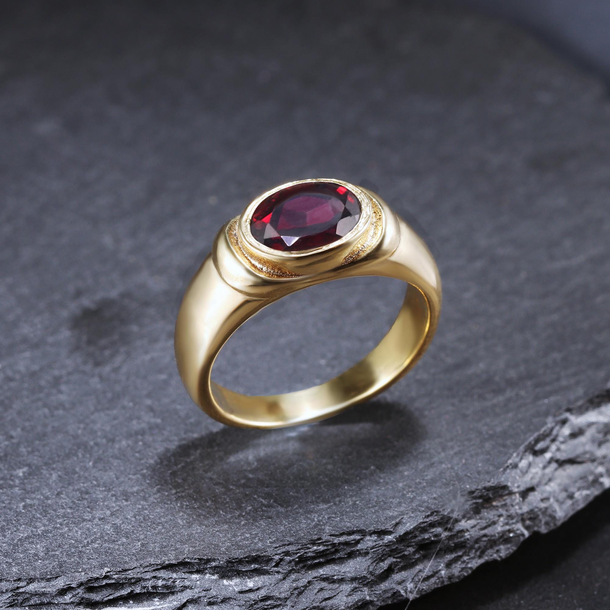East-West Oval Red Garnet Bezel Set Statement Bold Ring - H.L.Jewelry