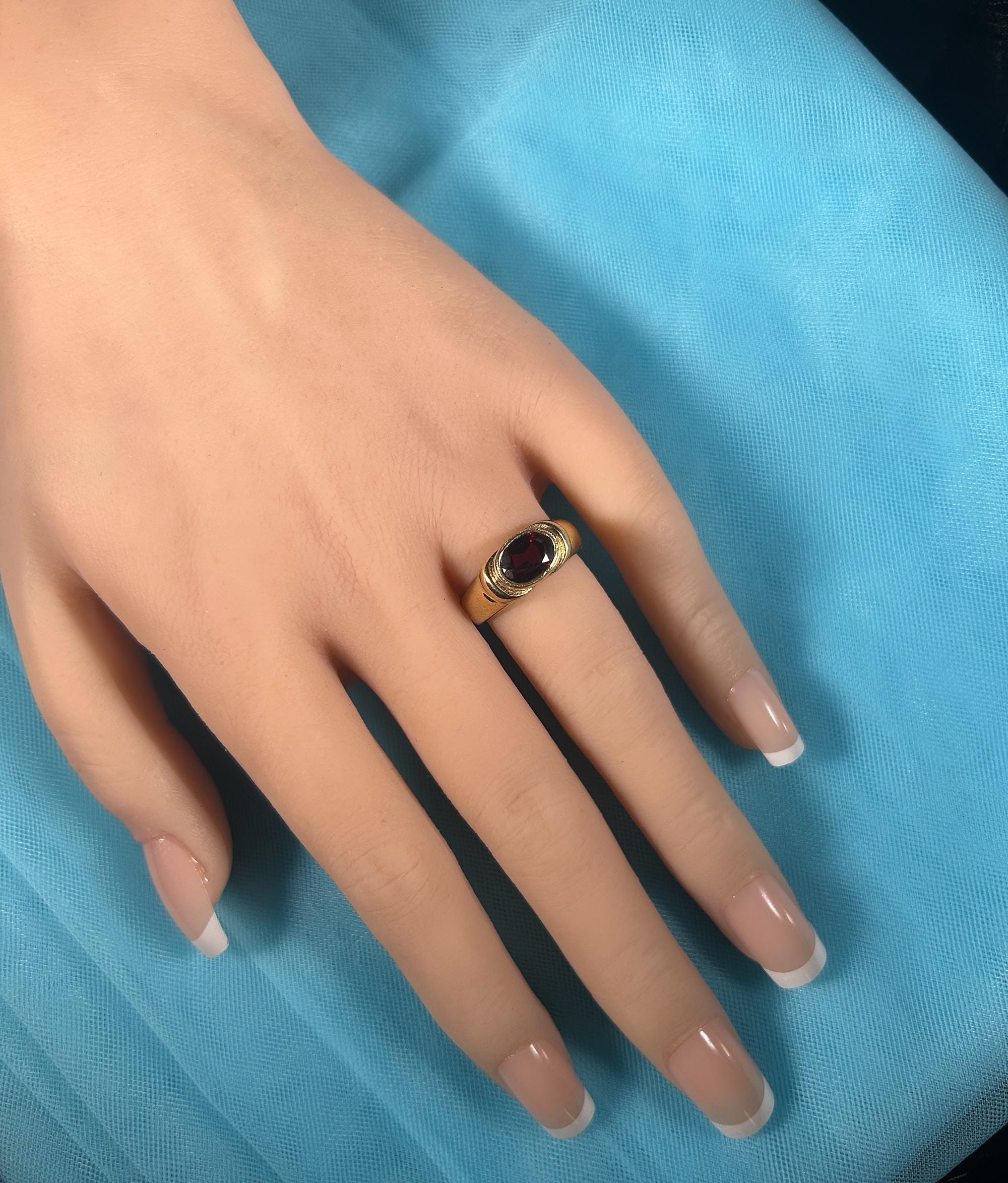 East-West Oval Red Garnet Bezel Set Statement Bold Ring - H.L.Jewelry