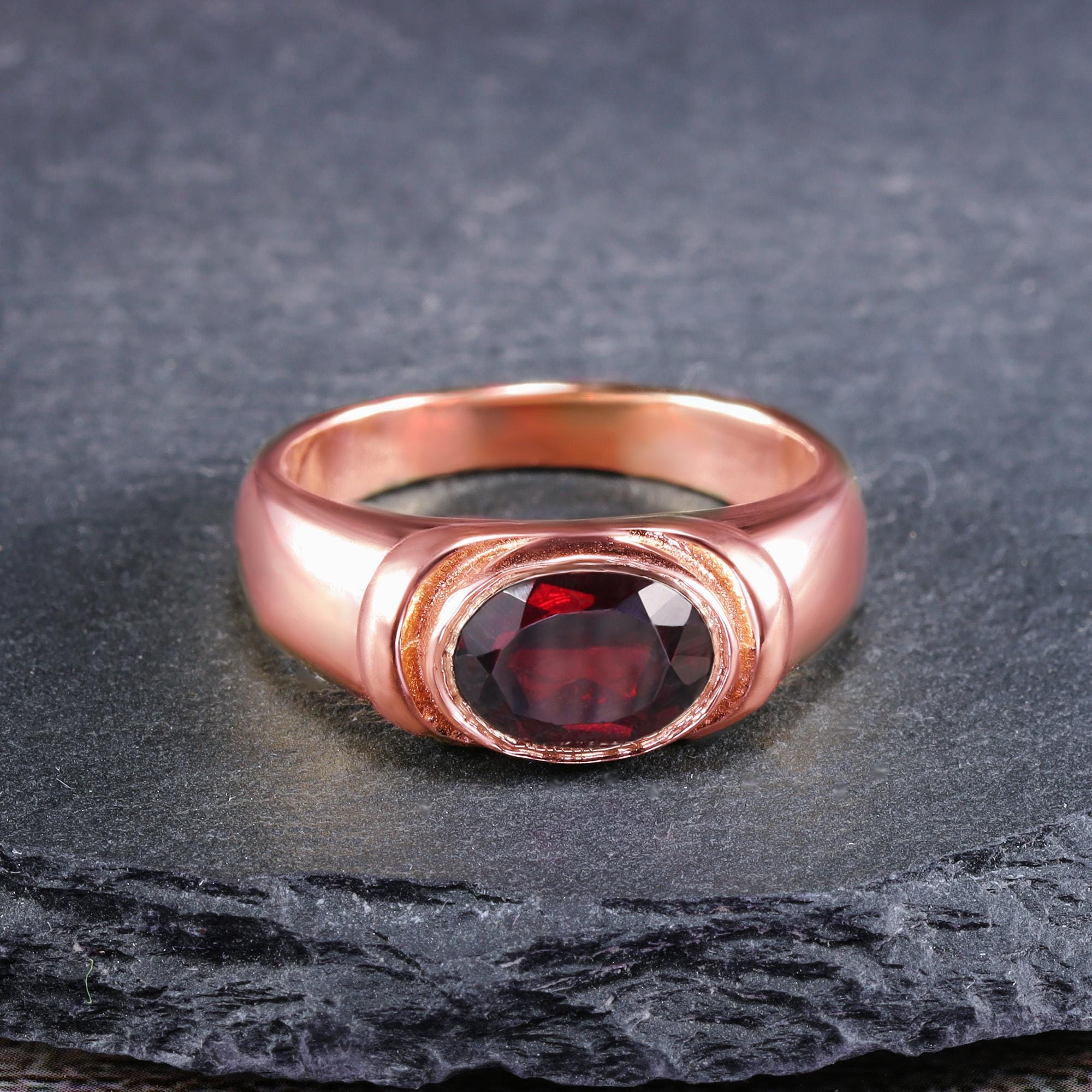 East-West Oval Red Garnet Bezel Set Statement Bold Ring - H.L.Jewelry