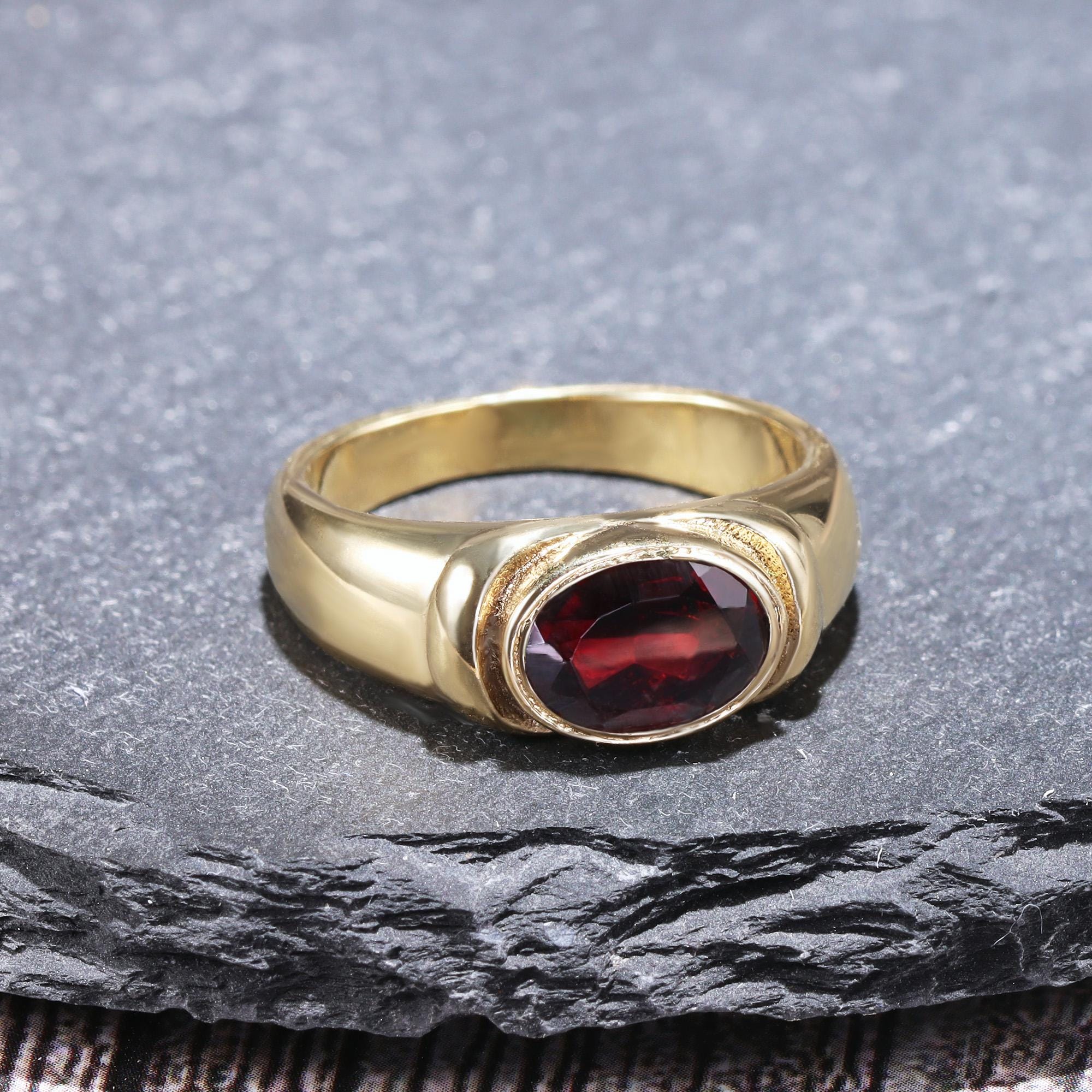 East-West Oval Red Garnet Bezel Set Statement Bold Ring - H.L.Jewelry