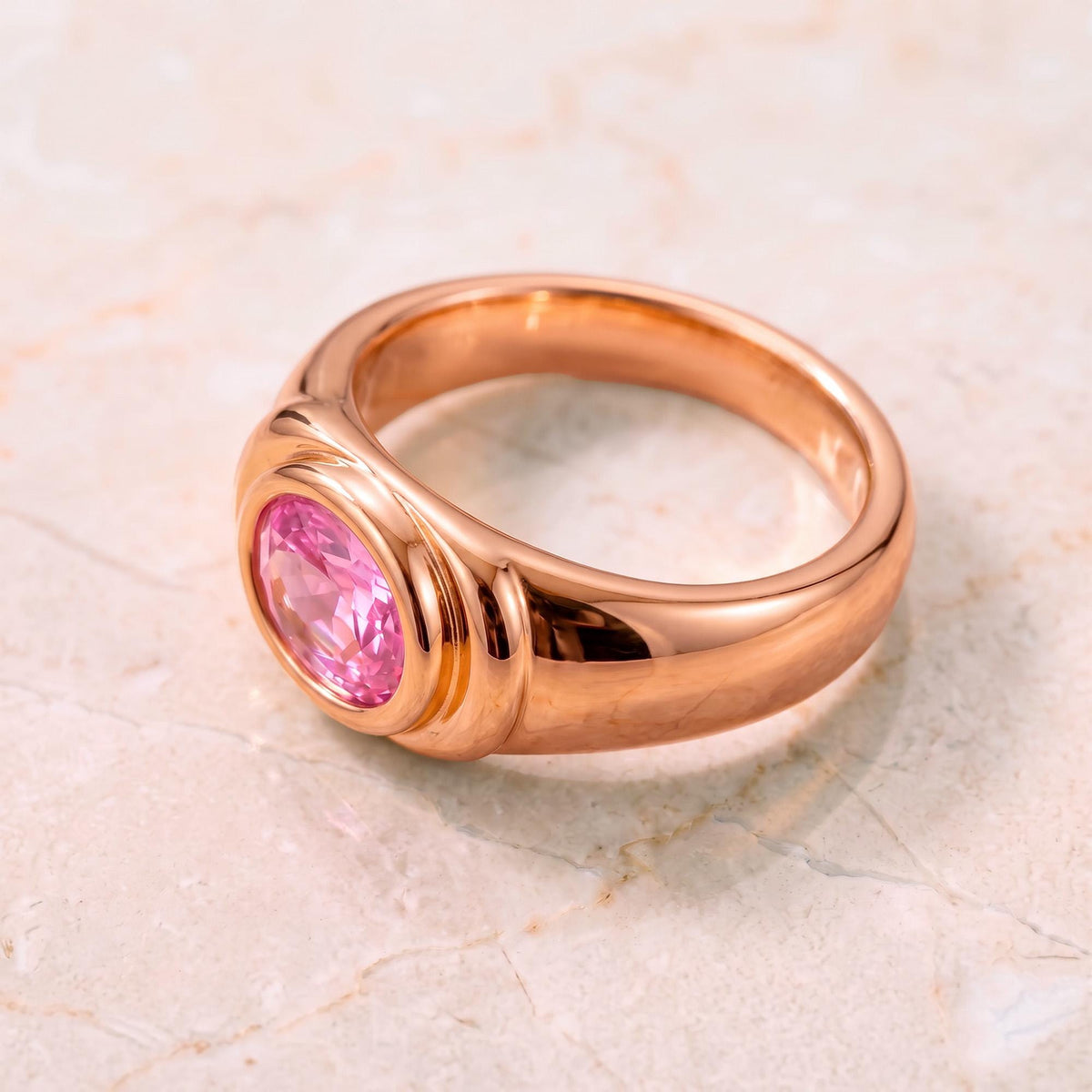 East-West Oval Rose Quartz Bezel Statement Ring - H.L.Jewelry