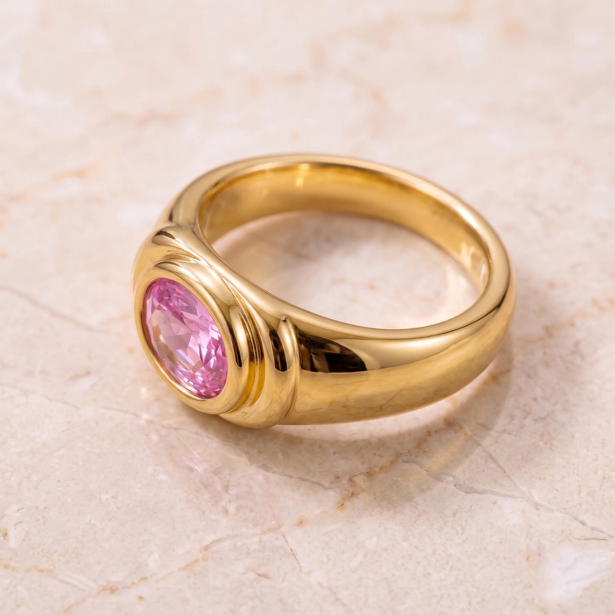 East-West Oval Rose Quartz Bezel Statement Ring - H.L.Jewelry