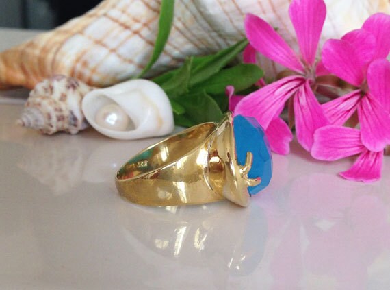 East-West Rose Cut Oval Blue Chalcedony Statement Ring - H.L.Jewelry
