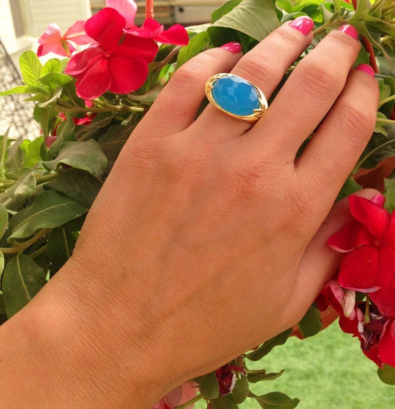 East-West Rose Cut Oval Blue Chalcedony Statement Ring - H.L.Jewelry