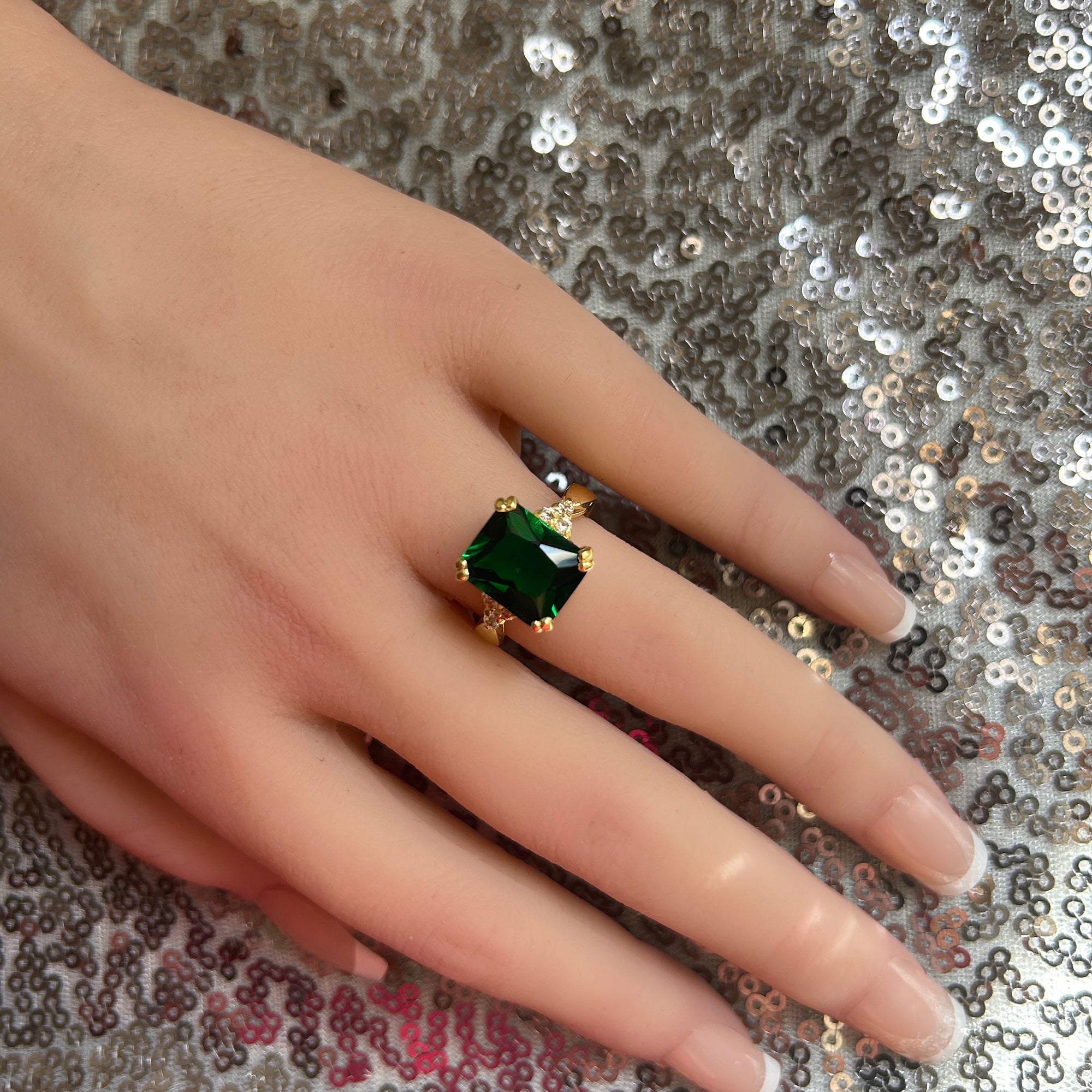 Emerald Ring - May Birthstone - Statement Engagement Ring with Octagon Emerald Gemstone and Clear Quartz Accents - H.L.Jewelry