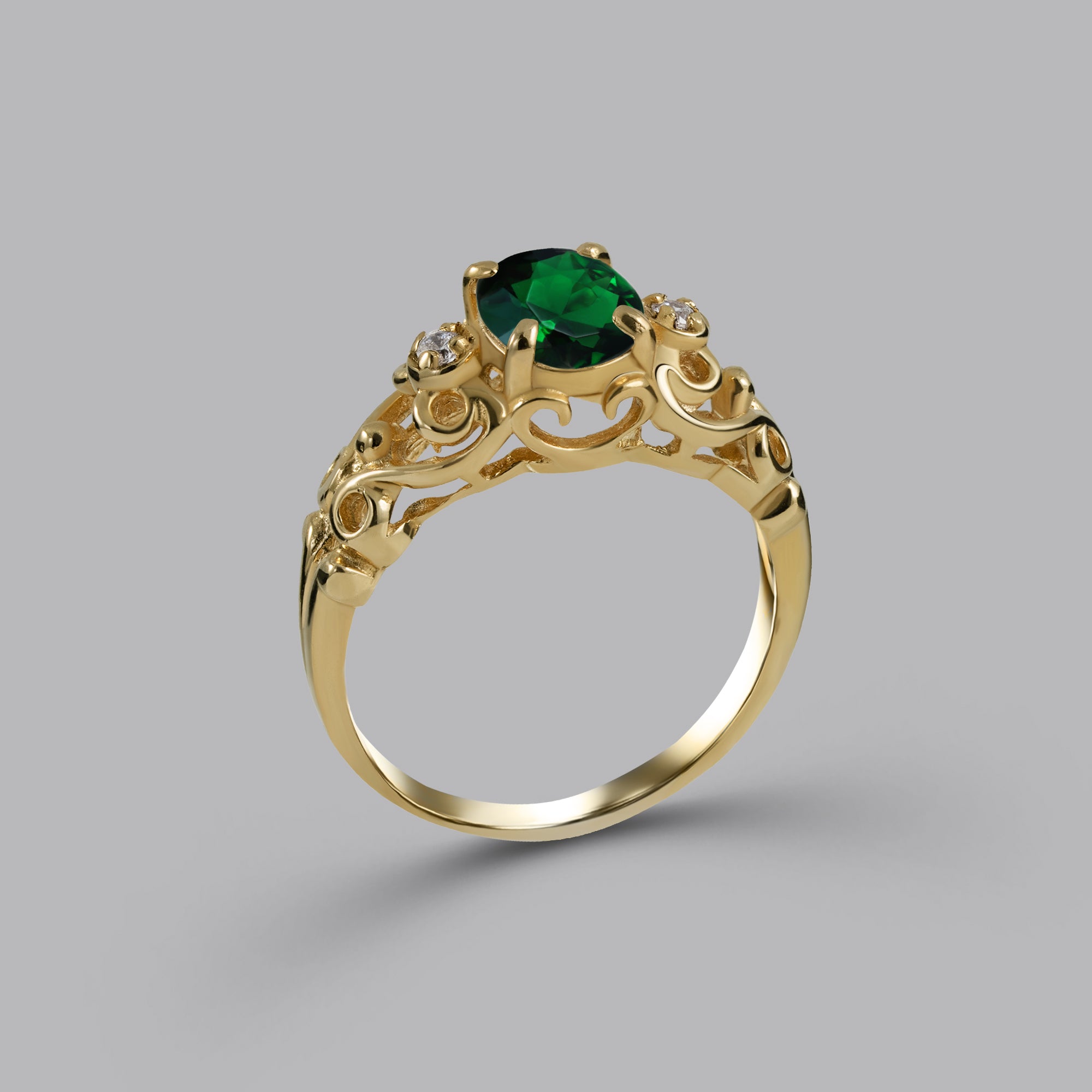 Emerald Ring - May Birthstone - Oval Emerald Gemstone Lace Ring with Clear Quartz Accents - H.L.Jewelry