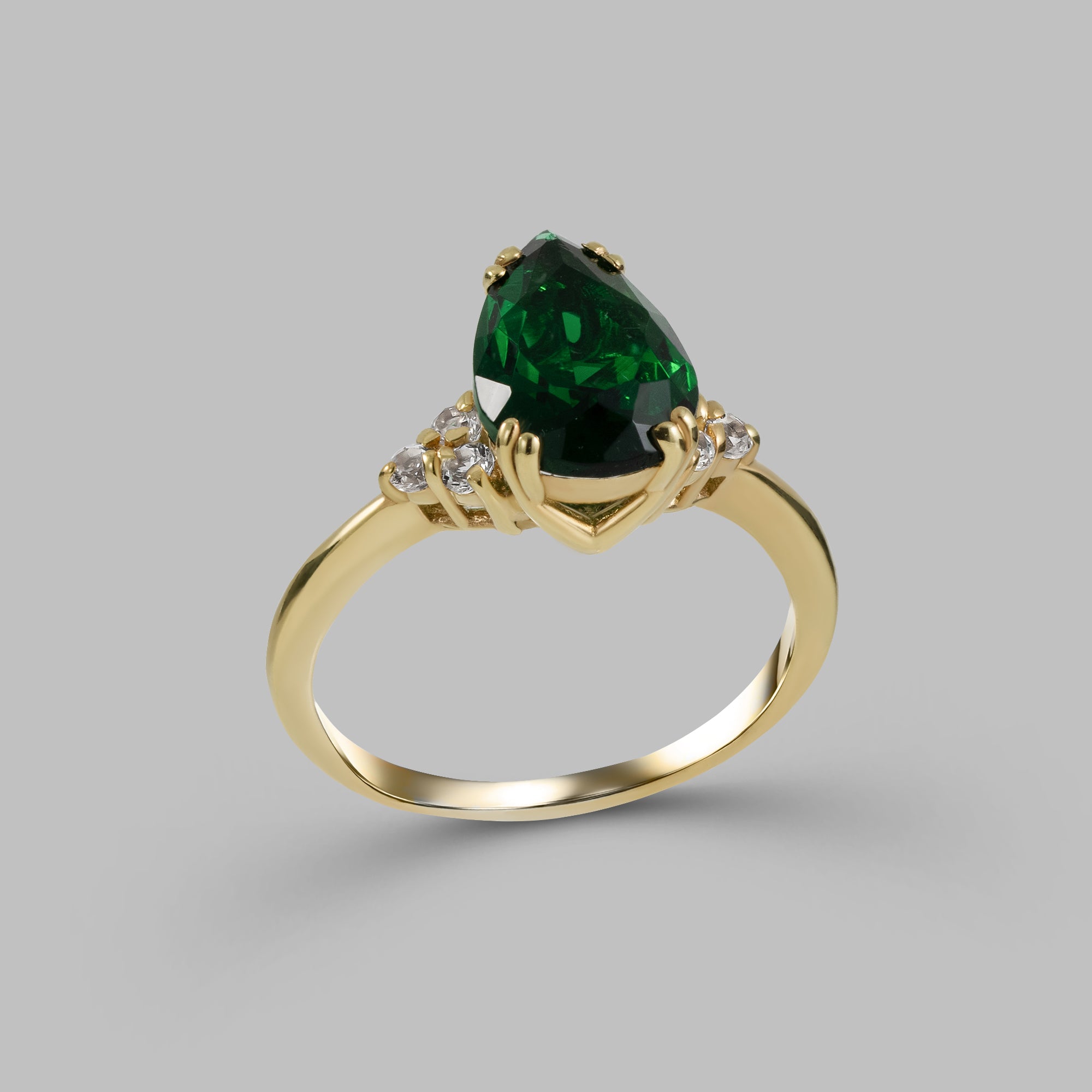 Emerald Ring - May Birthstone - Pear-Shaped Emerald Gemstone Statement Engagement Ring with Clear Quartz Accents - H.L.Jewelry