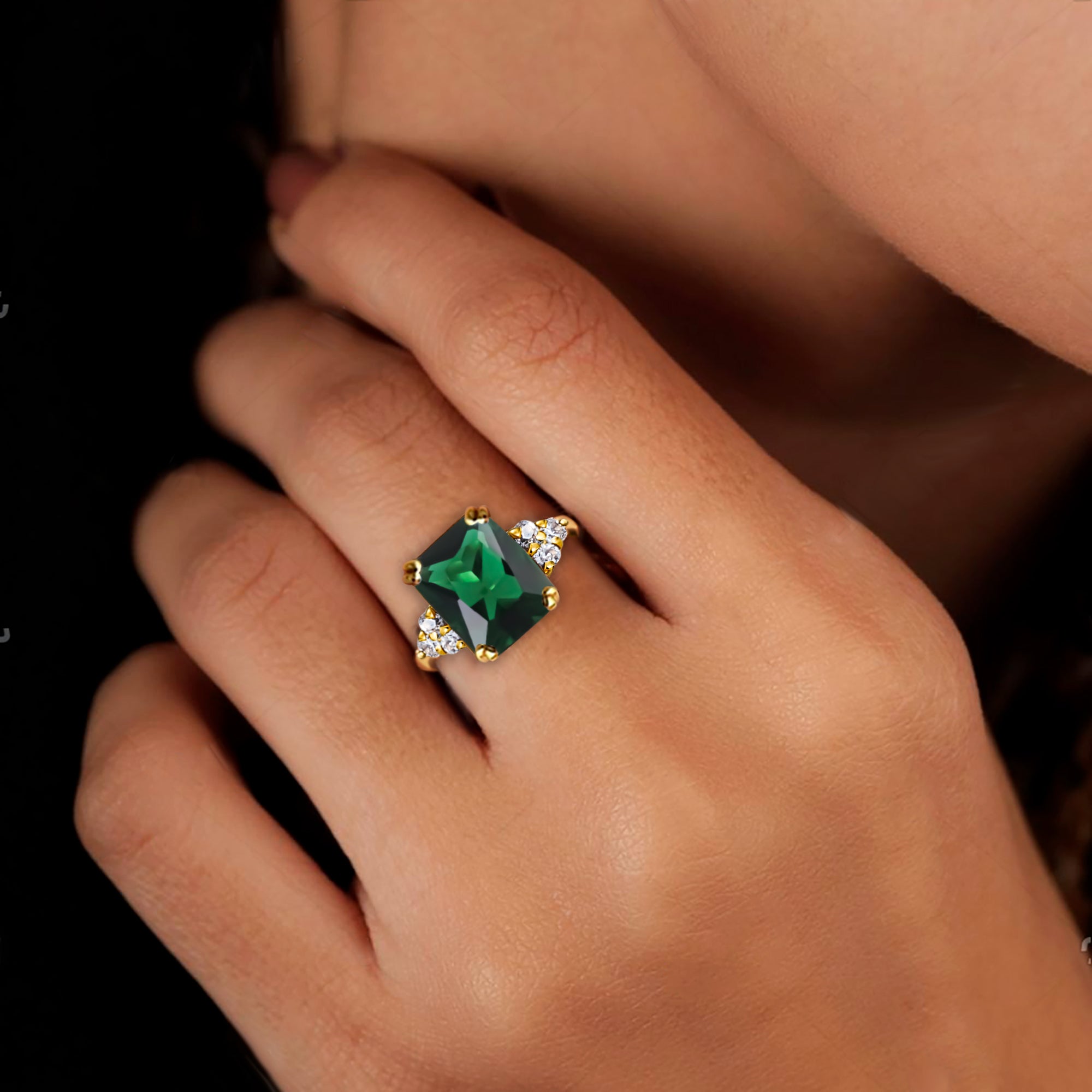 Emerald Ring - May Birthstone - Octagon Emerald Gemstone Statement Engagement Ring with Clear Quartz Accents - H.L.Jewelry