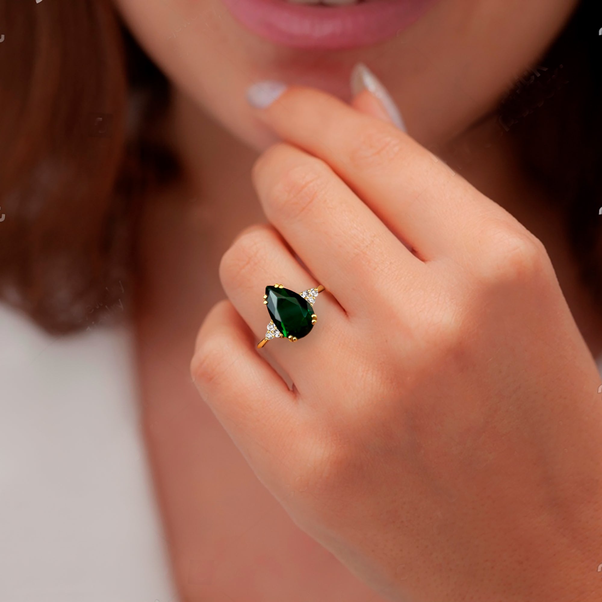 Emerald Ring - May Birthstone - Pear-Shaped Emerald Gemstone Statement Engagement Ring with Clear Quartz Accents - H.L.Jewelry