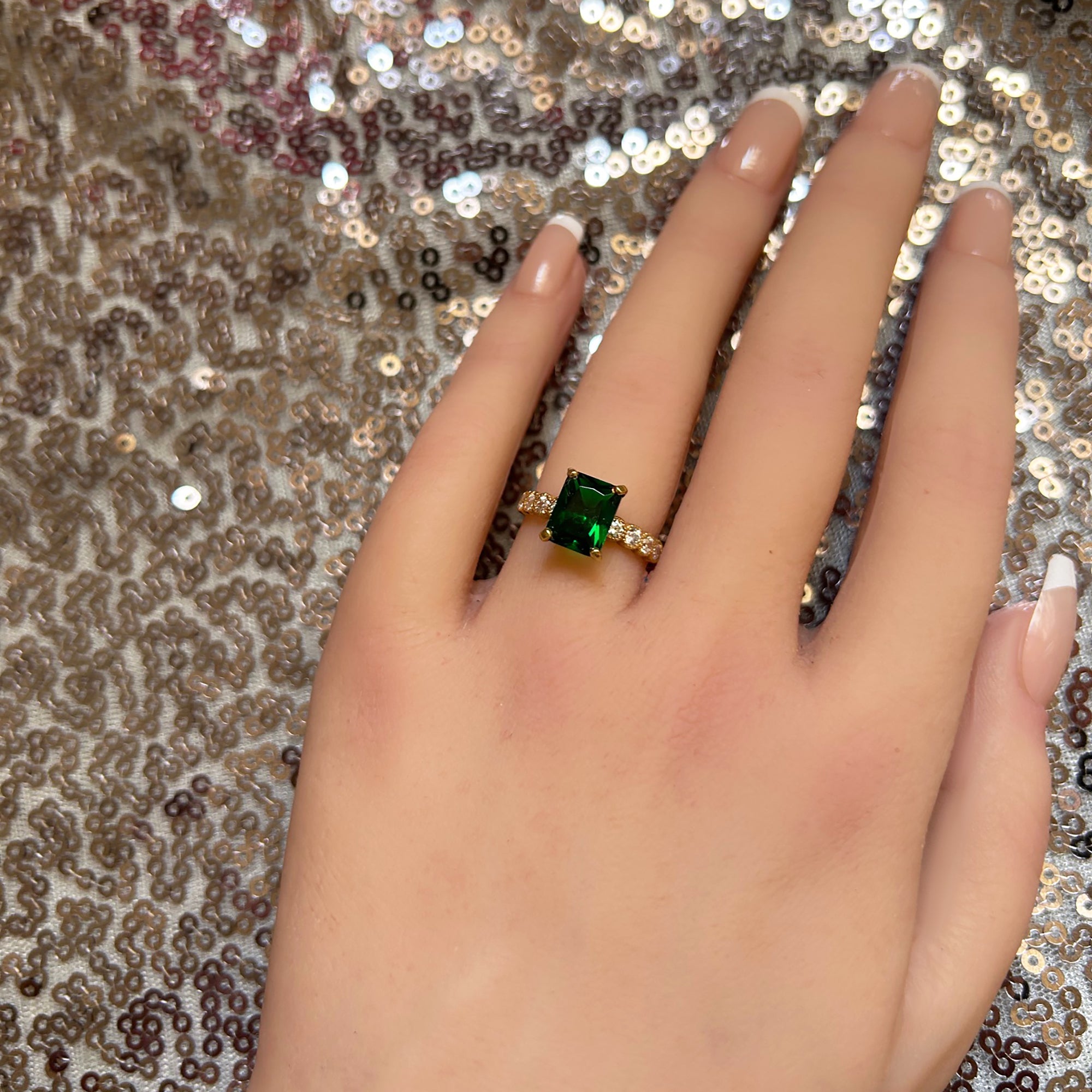 Emerald Ring - May Birthstone - Octagon Emerald Gemstone Statement Engagement Ring with Clear Quartz Accents - H.L.Jewelry