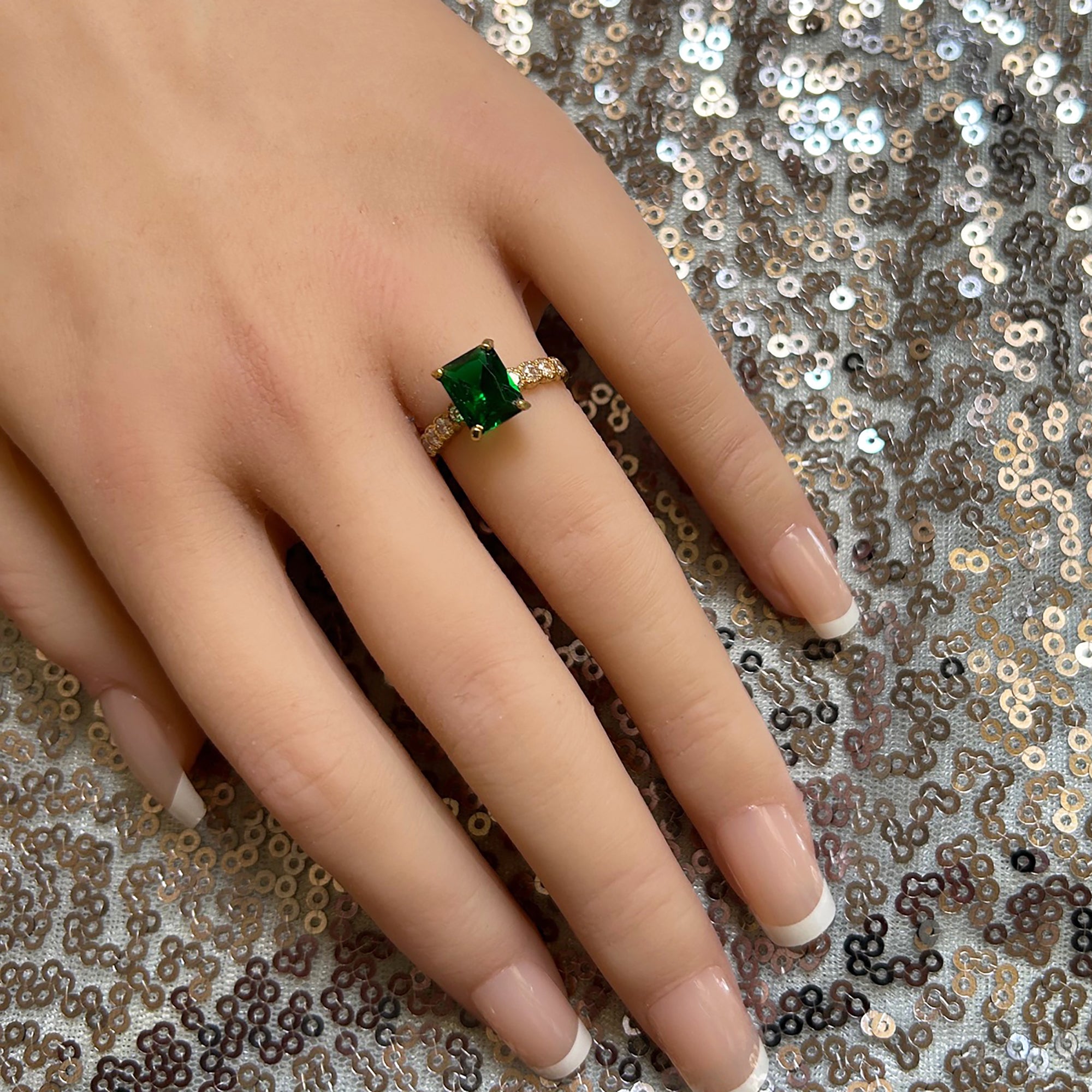 Emerald Ring - May Birthstone - Octagon Emerald Gemstone Statement Engagement Ring with Clear Quartz Accents - H.L.Jewelry