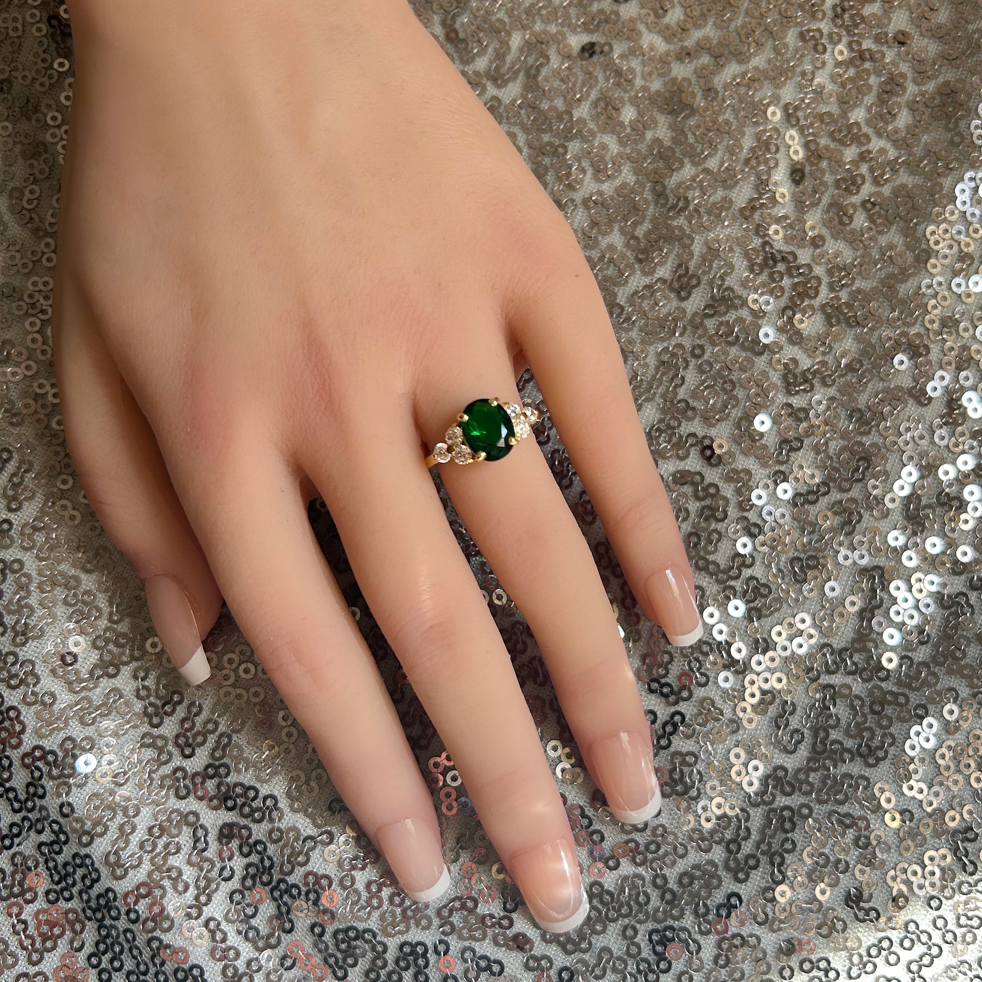 Emerald Ring - May Birthstone - Statement Engagement Ring with Oval Emerald Gemstone and Clear Quartz Accents - H.L.Jewelry