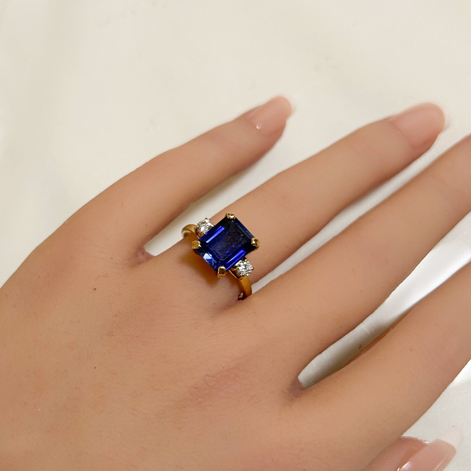 Emerald-Cut Blue Sapphire Ring with Clear Quartz Accents - H.L.Jewelry