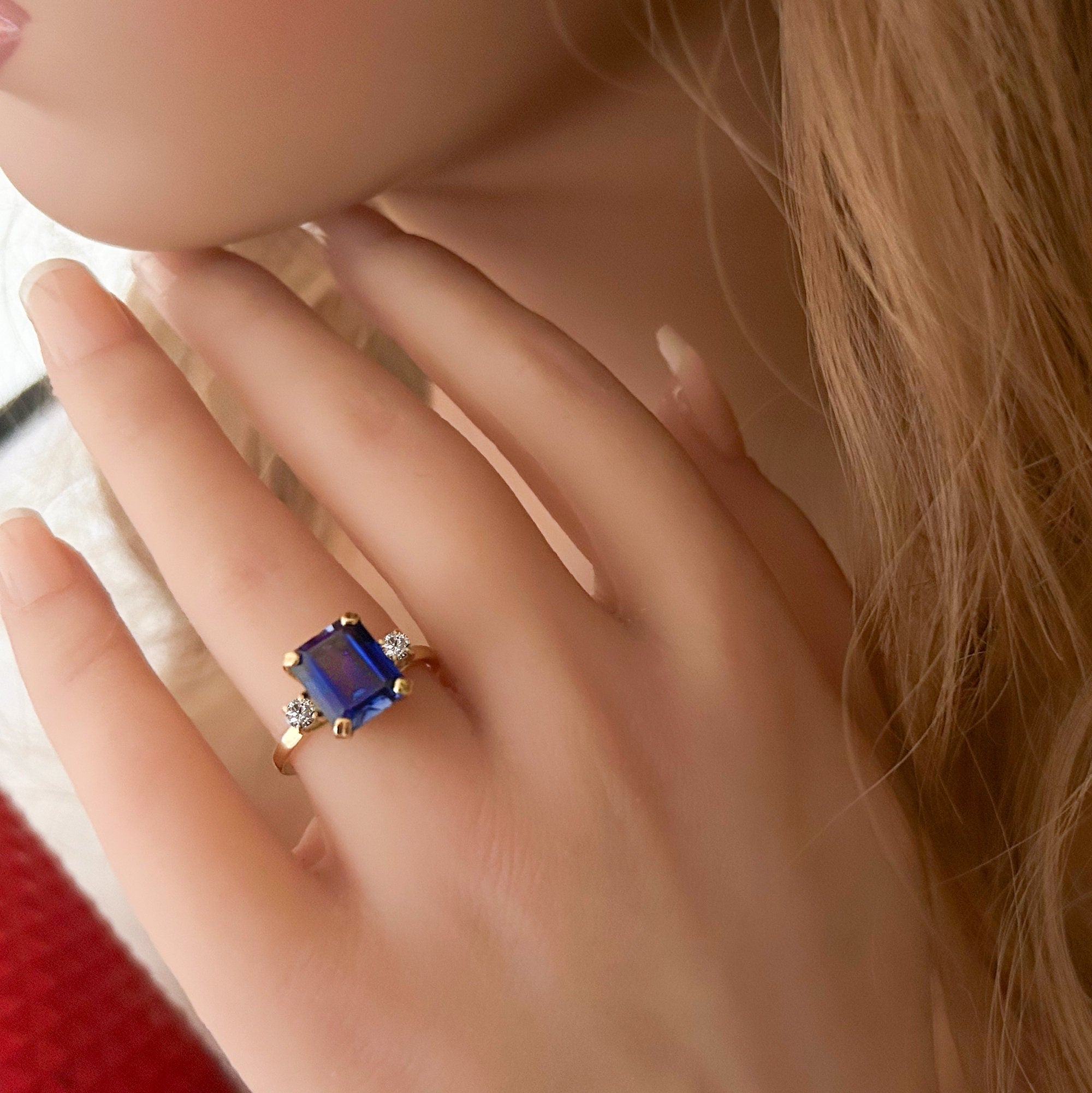 Emerald-Cut Blue Sapphire Ring with Clear Quartz Accents - H.L.Jewelry