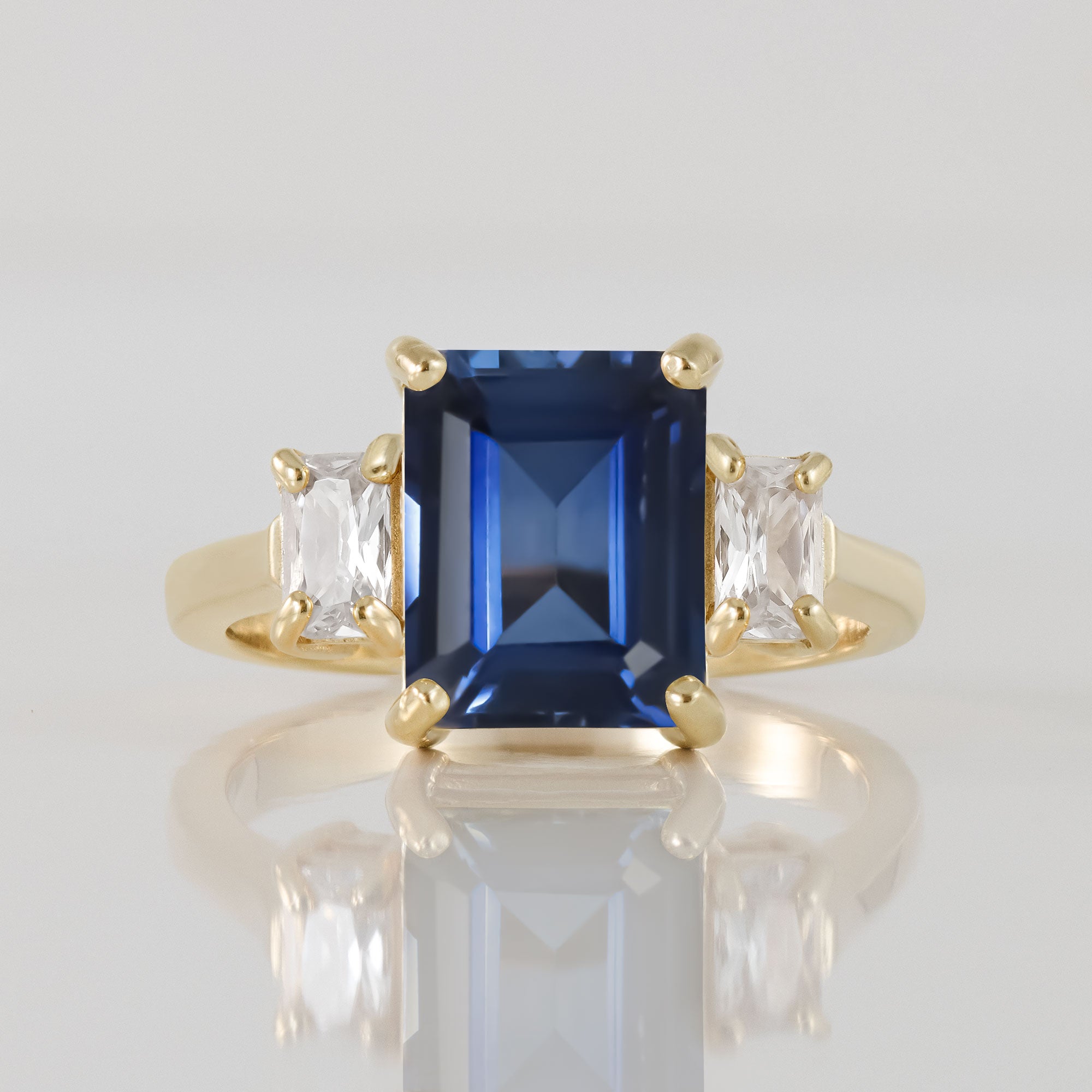 Emerald-Cut Blue Sapphire Statement Ring with Clear Quartz Accents - H.L.Jewelry