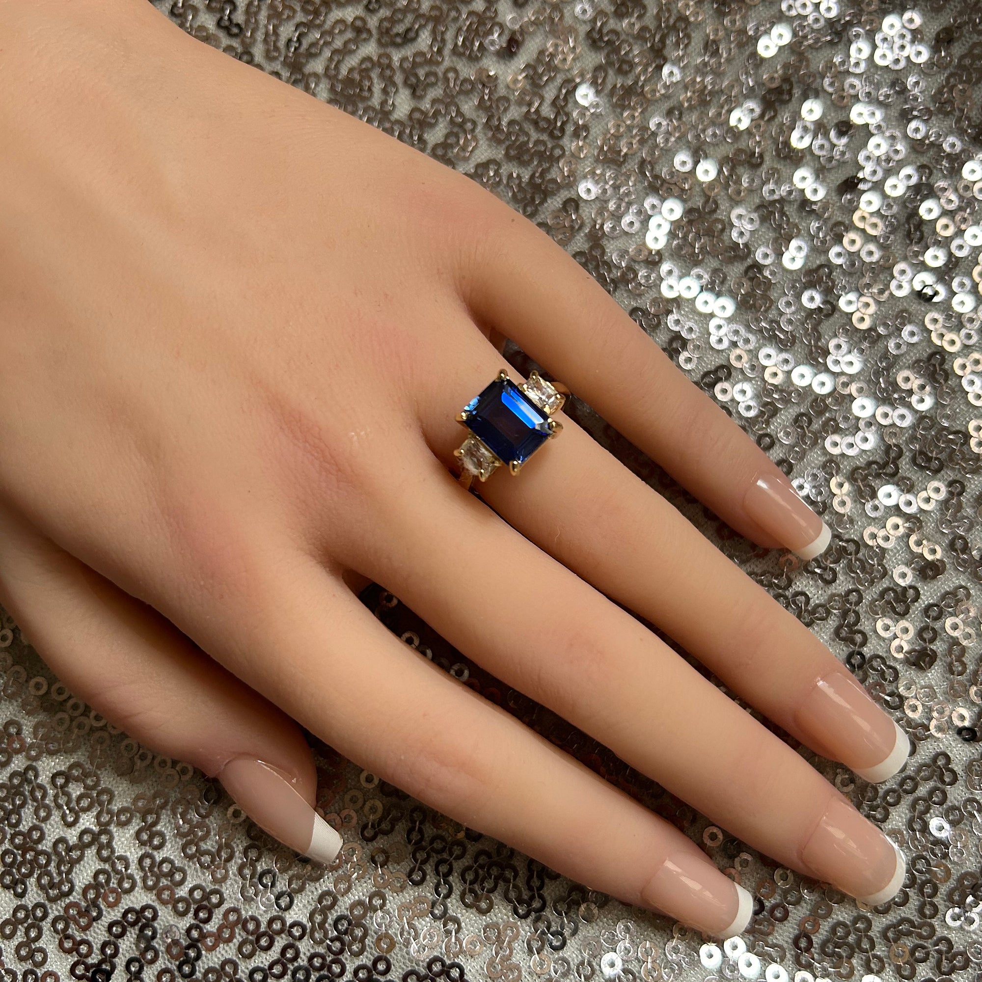Emerald-Cut Blue Sapphire Statement Ring with Clear Quartz Accents - H.L.Jewelry