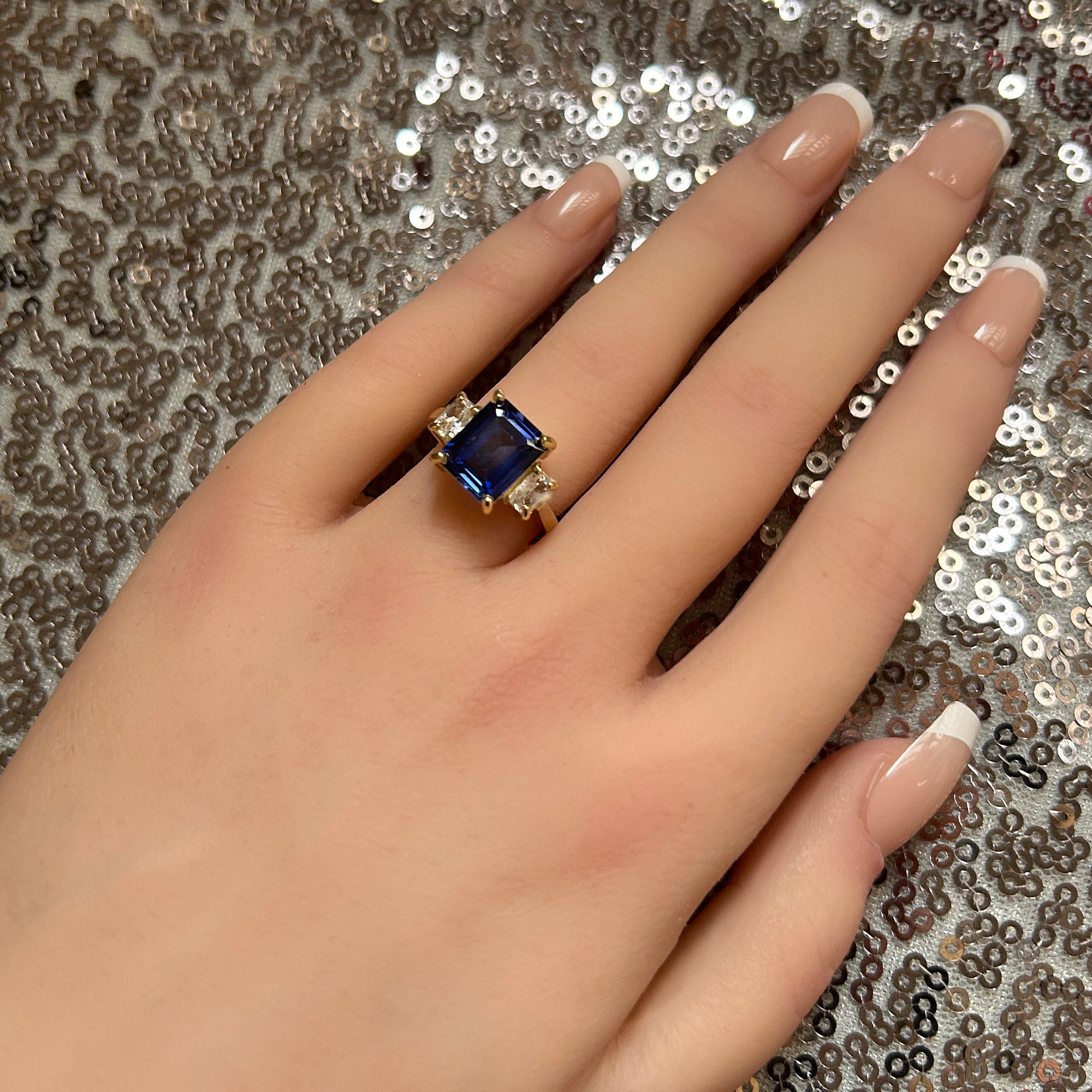 Emerald-Cut Blue Sapphire Statement Ring with Clear Quartz Accents - H.L.Jewelry