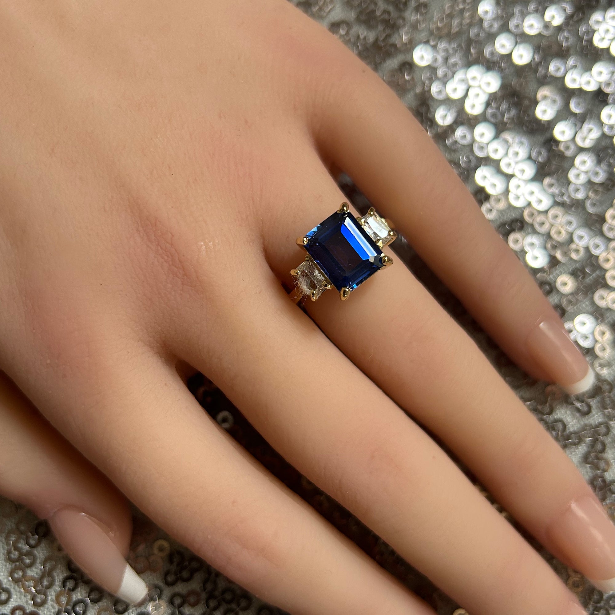 Emerald-Cut Blue Sapphire Statement Ring with Clear Quartz Accents - H.L.Jewelry
