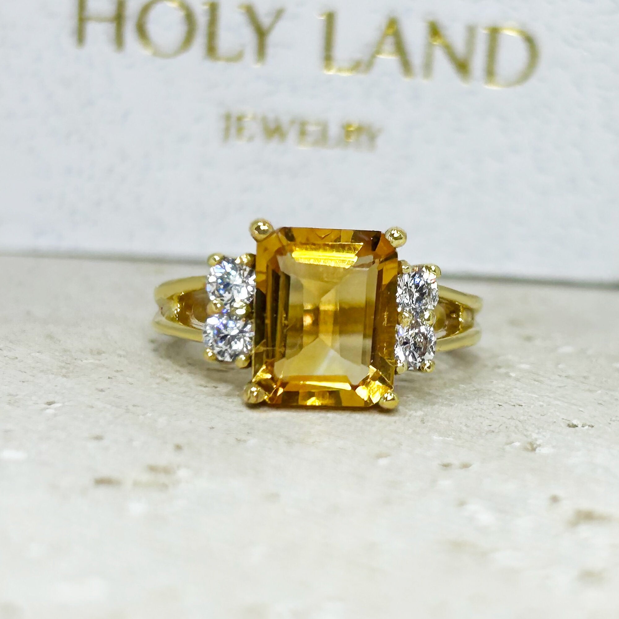 Emerald-Cut Citrine Double Band Ring with Clear Quartz Accents - H.L.Jewelry