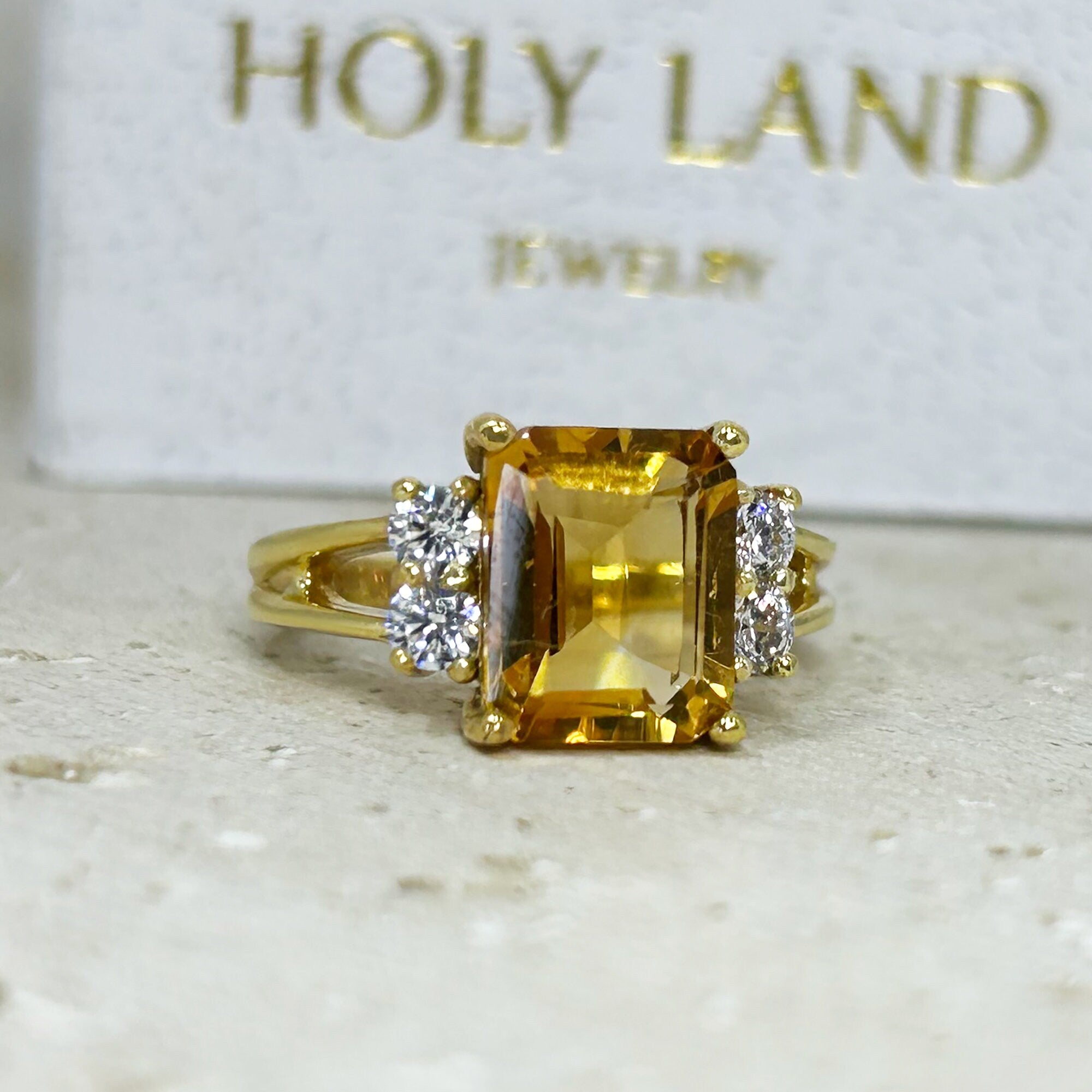 Emerald-Cut Citrine Double Band Ring with Clear Quartz Accents - H.L.Jewelry