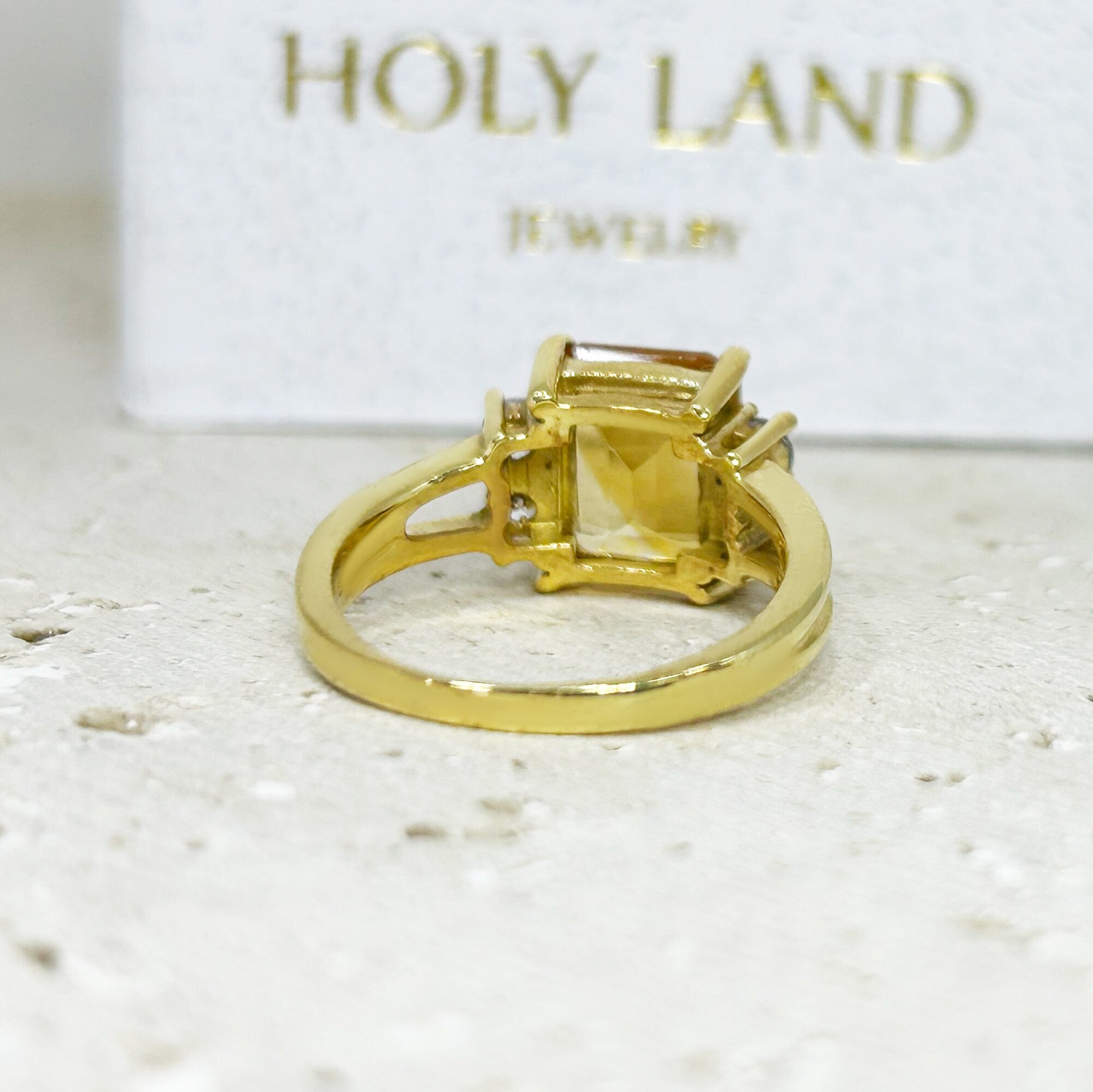 Emerald-Cut Citrine Double Band Ring with Clear Quartz Accents - H.L.Jewelry