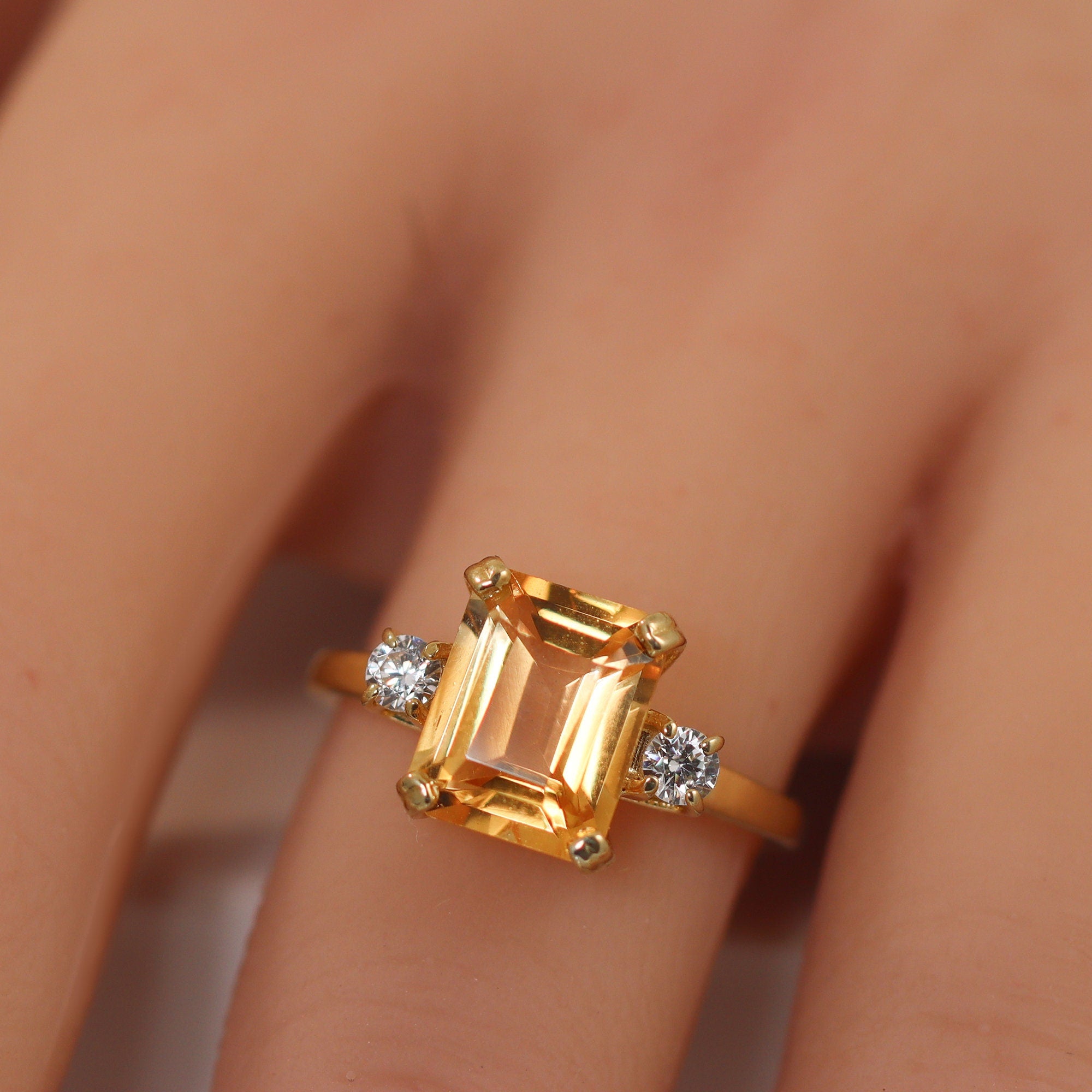 Emerald-Cut Citrine Engagement Ring with Clear Quartz Accents - H.L.Jewelry