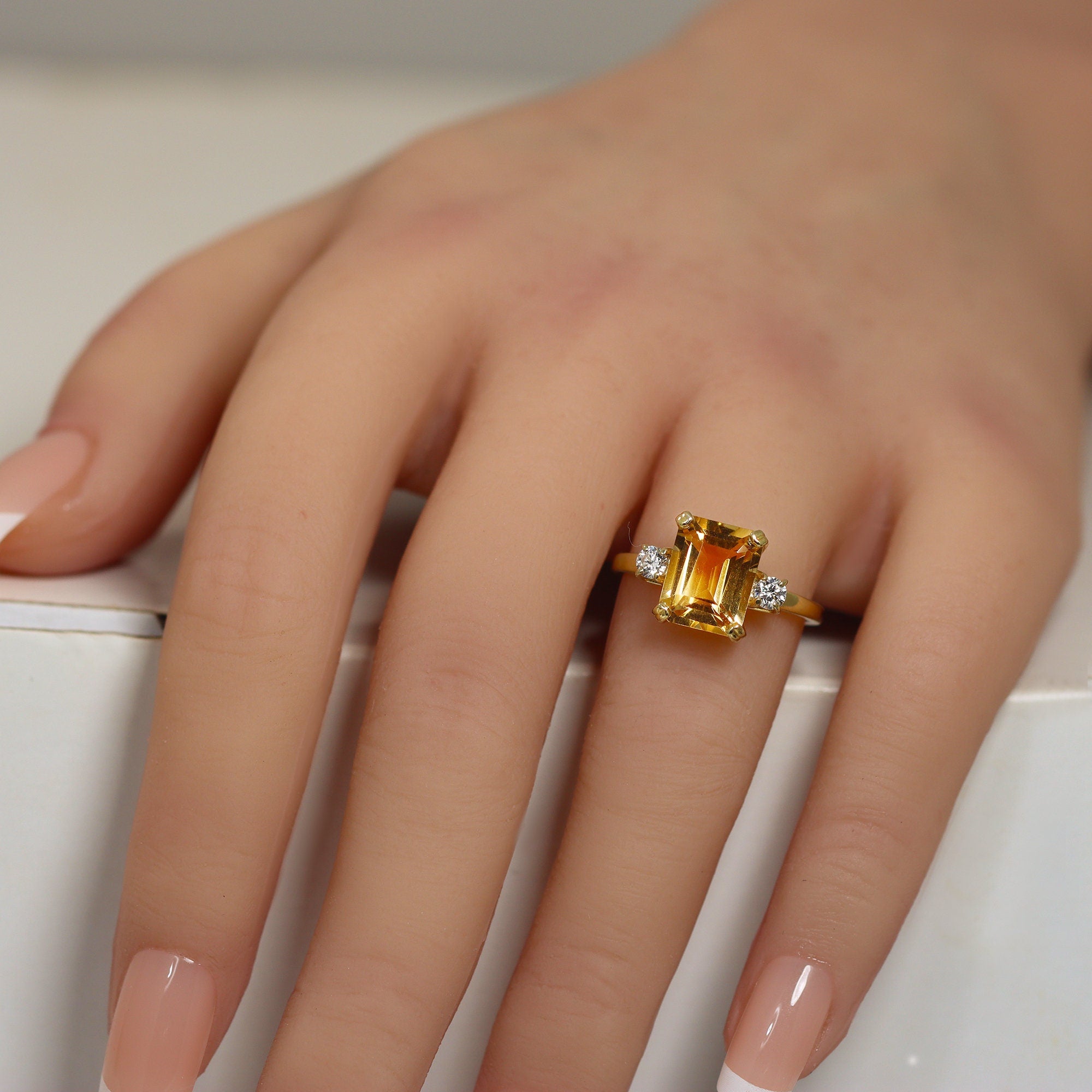 Emerald-Cut Citrine Engagement Ring with Clear Quartz Accents - H.L.Jewelry
