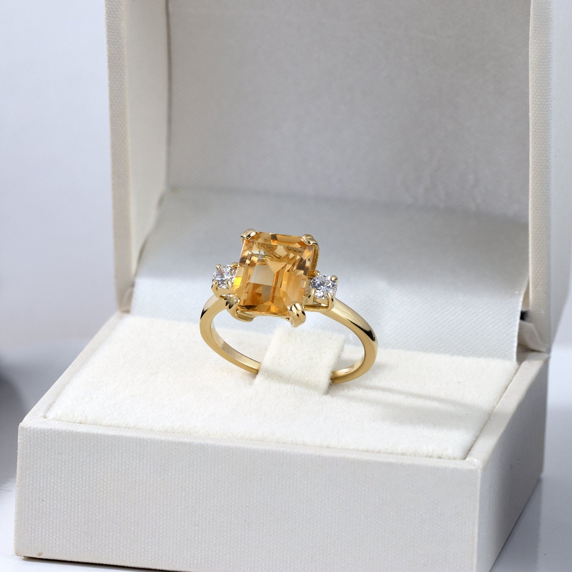 Emerald-Cut Citrine Engagement Ring with Clear Quartz Accents - H.L.Jewelry