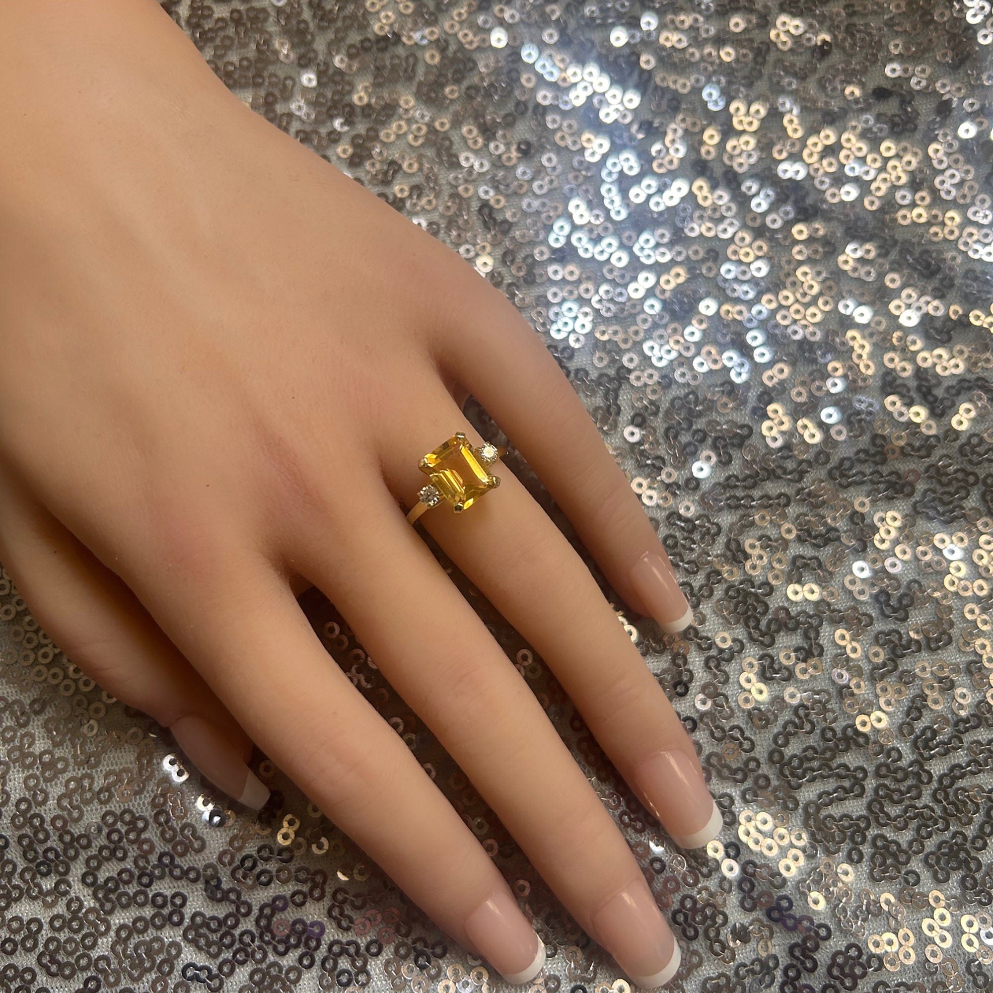 Emerald-Cut Citrine Engagement Ring with Clear Quartz Accents - H.L.Jewelry