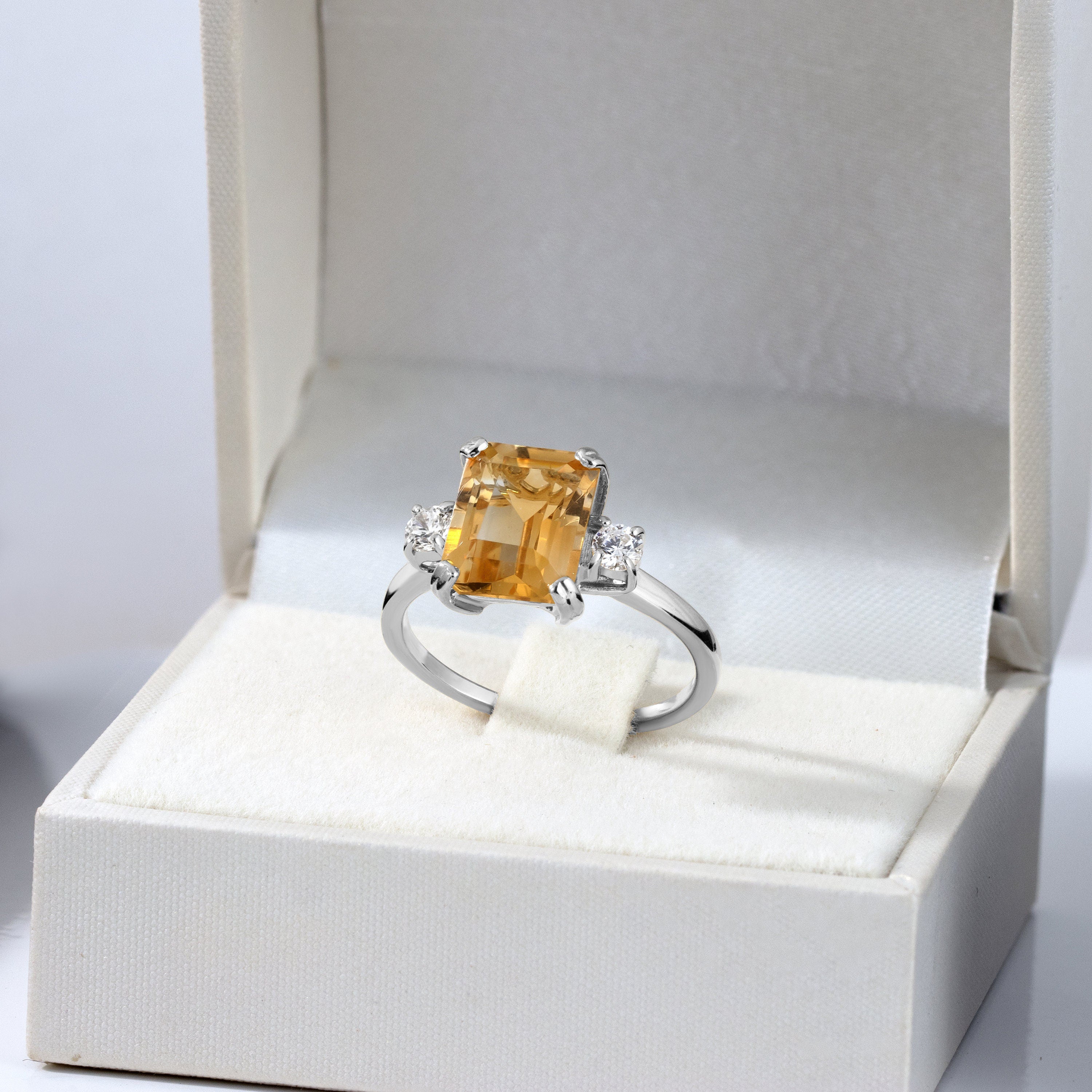 Emerald-Cut Citrine Engagement Ring with Clear Quartz Accents - H.L.Jewelry