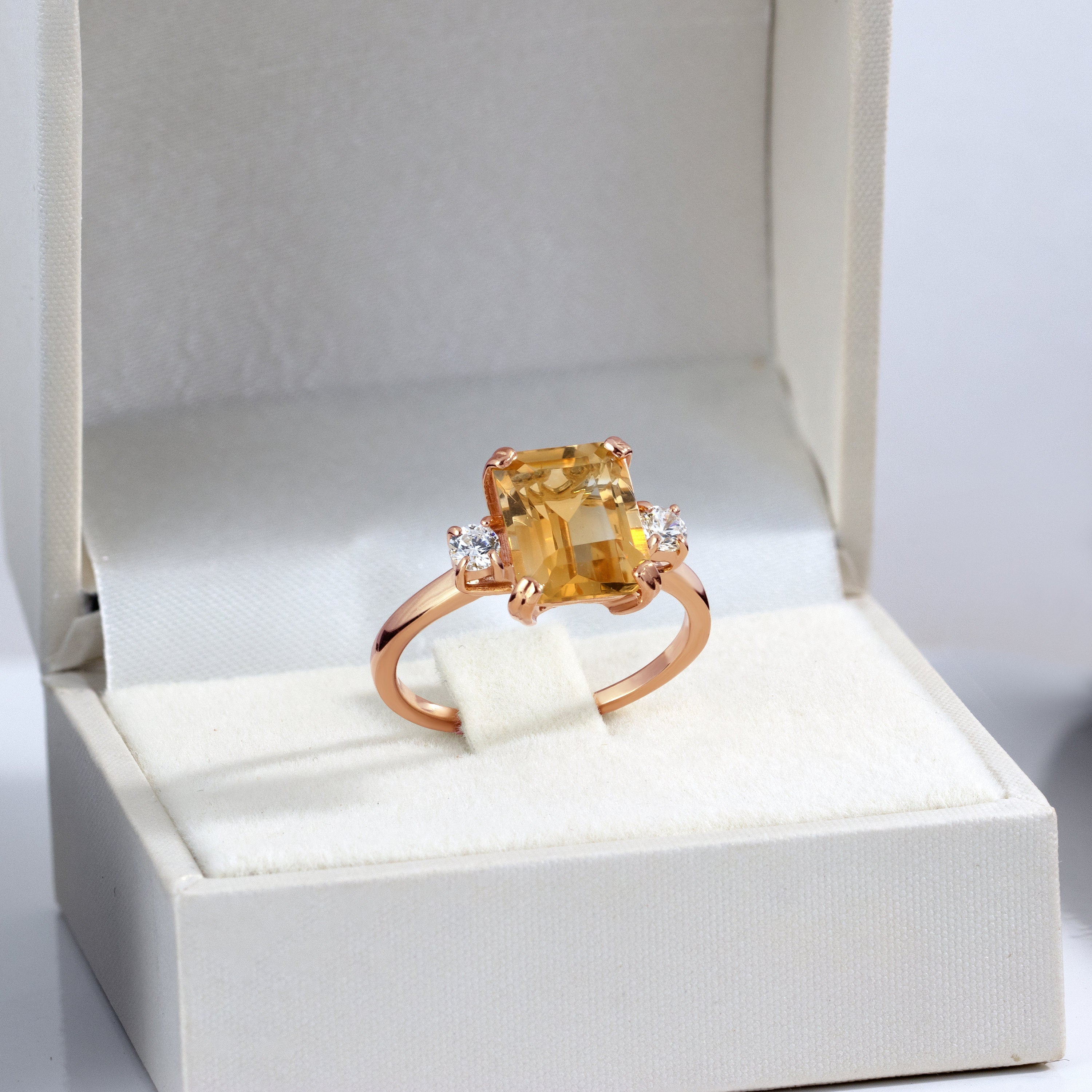 Emerald-Cut Citrine Engagement Ring with Clear Quartz Accents - H.L.Jewelry