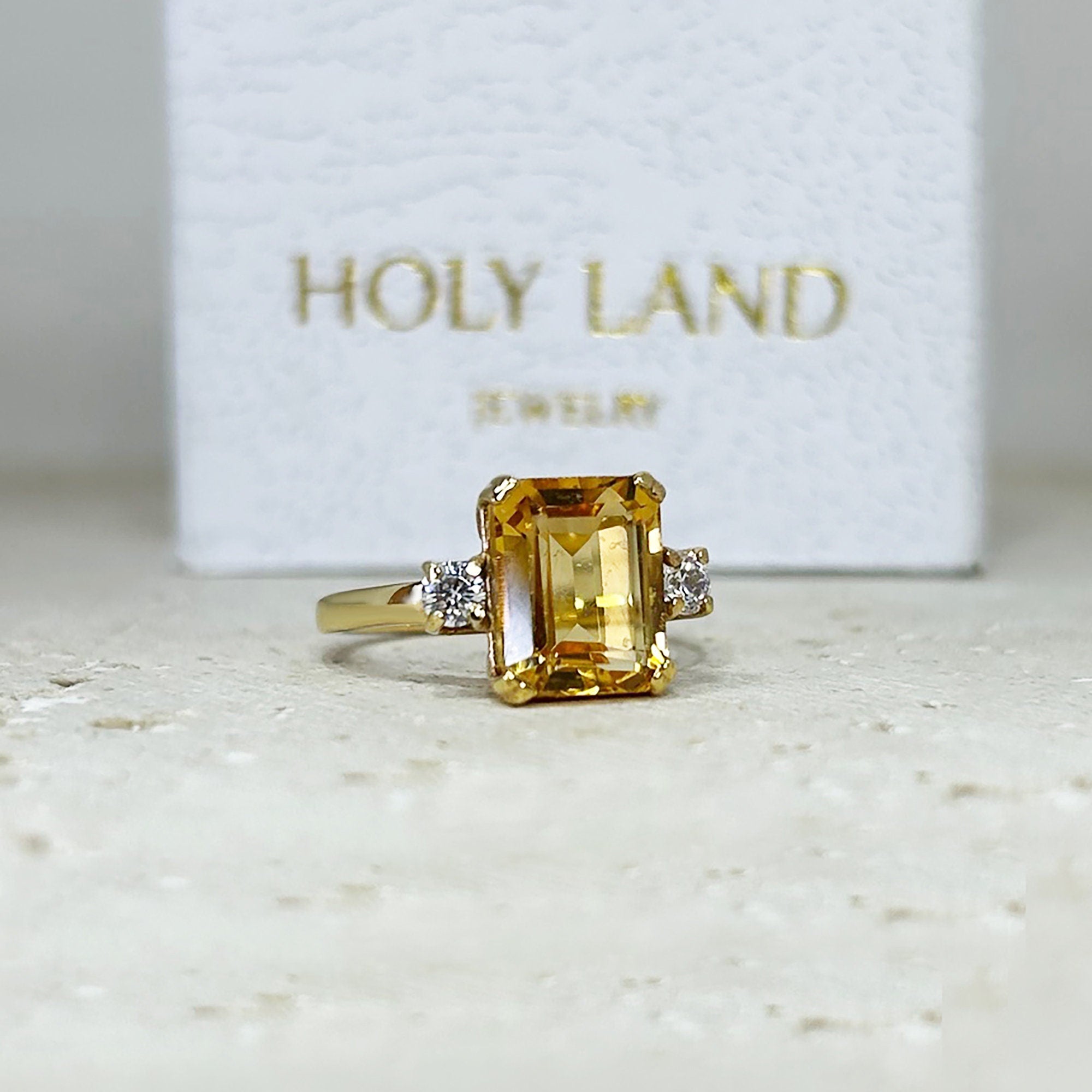 Emerald-Cut Citrine Engagement Ring with Clear Quartz Accents - H.L.Jewelry