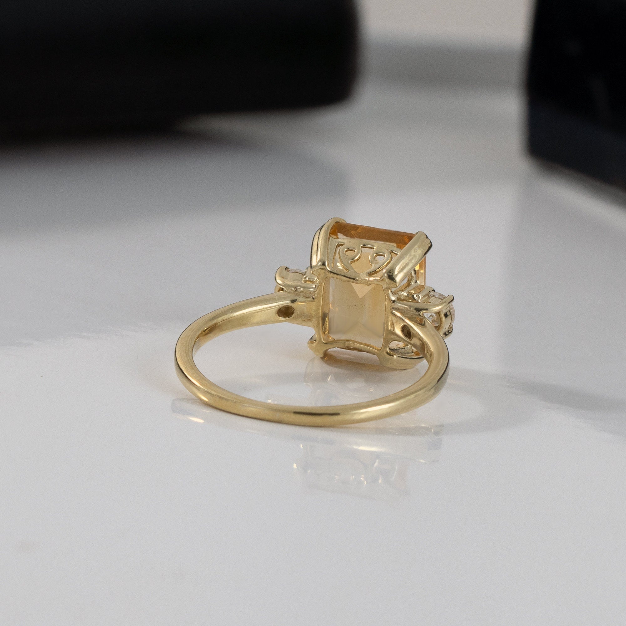 Emerald-Cut Citrine Engagement Ring with Clear Quartz Accents - H.L.Jewelry