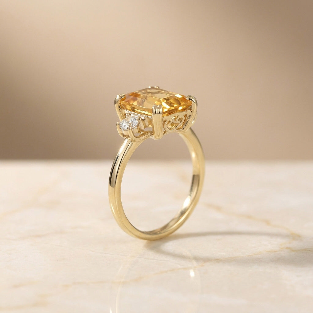 Emerald-Cut Citrine Engagement Ring with Clear Quartz Accents - H.L.Jewelry