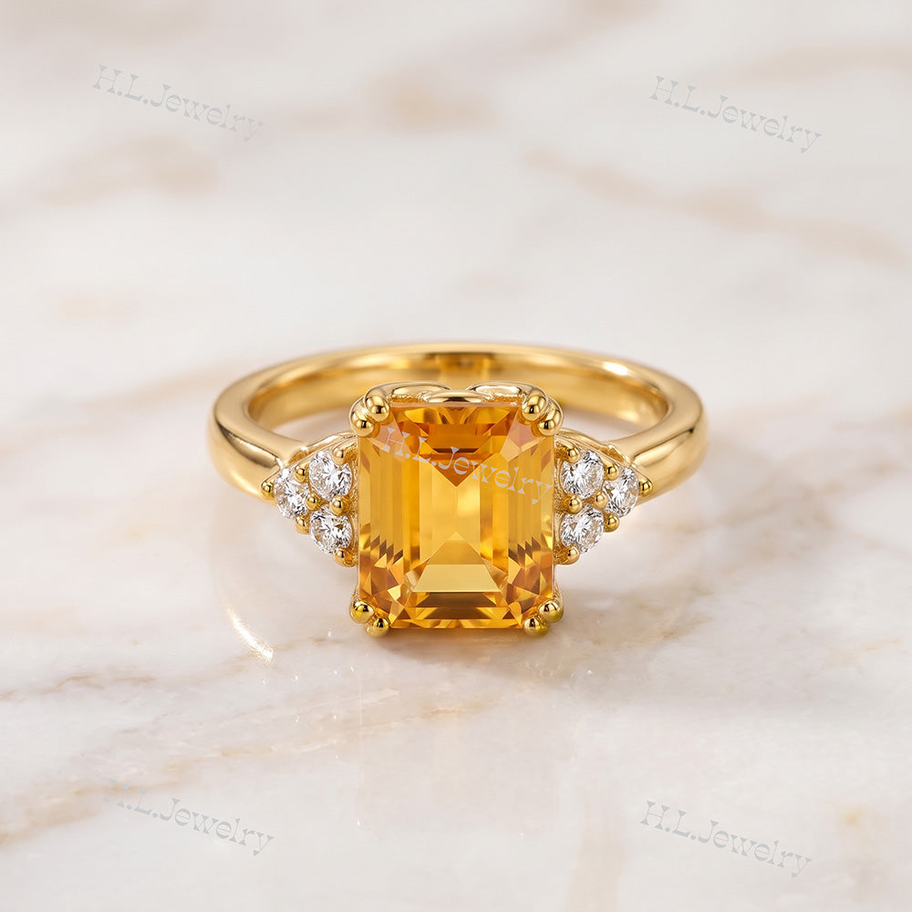 Emerald-Cut Citrine Engagement Ring with Clear Quartz Accents - H.L.Jewelry