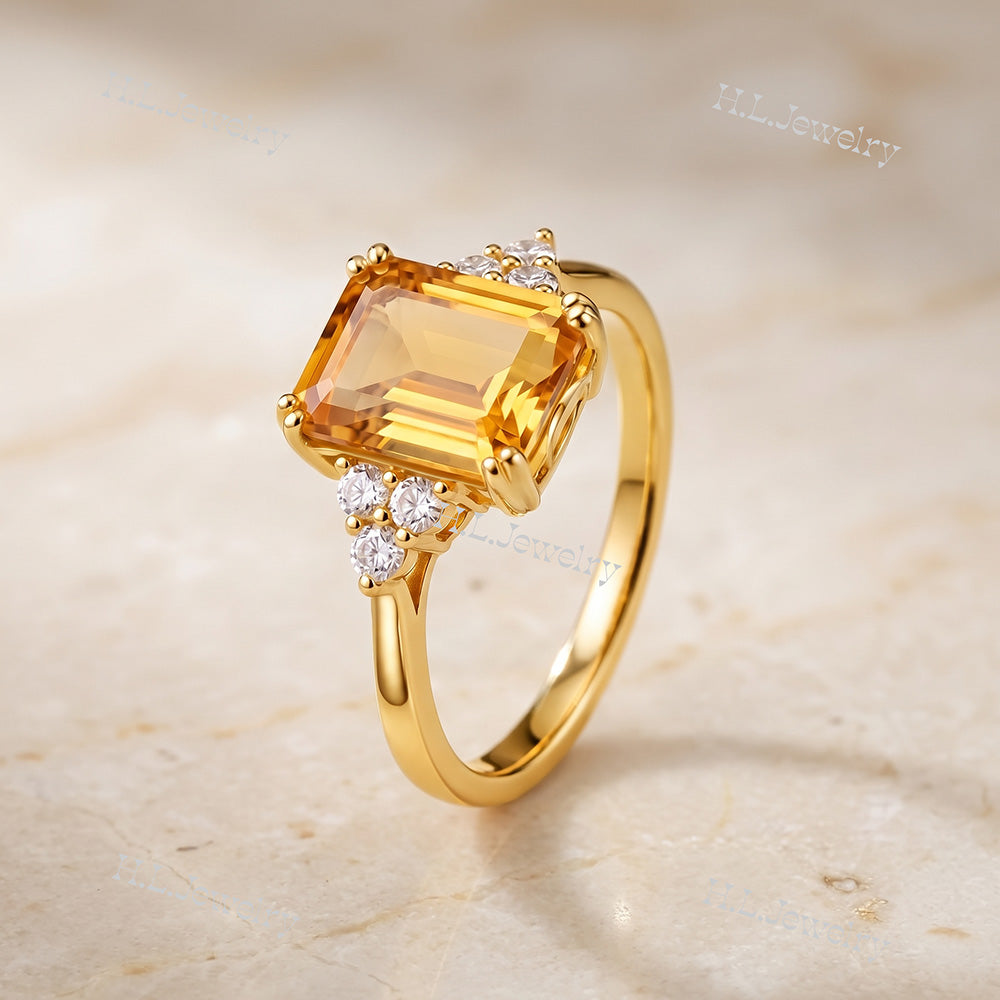Emerald-Cut Citrine Engagement Ring with Clear Quartz Accents - H.L.Jewelry