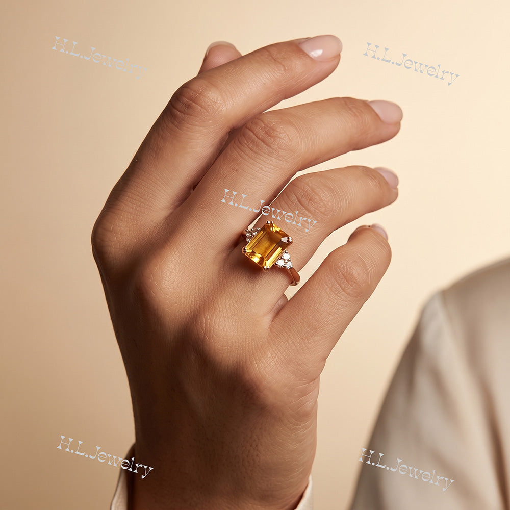 Emerald-Cut Citrine Engagement Ring with Clear Quartz Accents - H.L.Jewelry