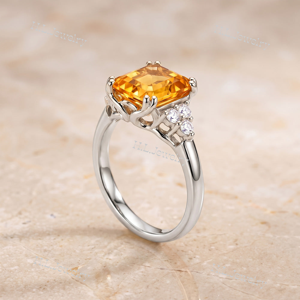 Emerald-Cut Citrine Engagement Ring with Clear Quartz Accents - H.L.Jewelry