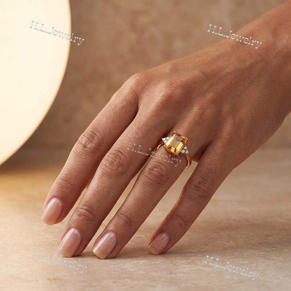 Emerald-Cut Citrine Engagement Ring with Clear Quartz Accents - H.L.Jewelry