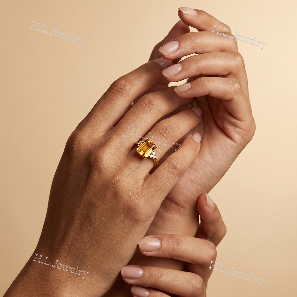 Emerald-Cut Citrine Engagement Ring with Clear Quartz Accents - H.L.Jewelry