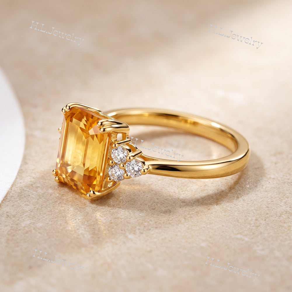 Emerald-Cut Citrine Engagement Ring with Clear Quartz Accents - H.L.Jewelry