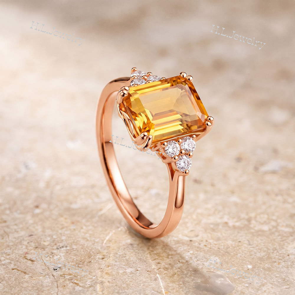 Emerald-Cut Citrine Engagement Ring with Clear Quartz Accents - H.L.Jewelry