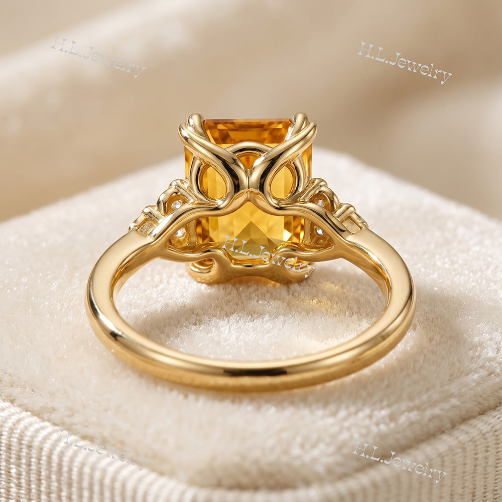 Emerald-Cut Citrine Engagement Ring with Clear Quartz Accents - H.L.Jewelry