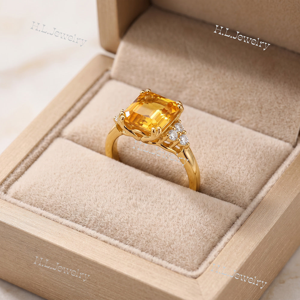 Emerald-Cut Citrine Engagement Ring with Clear Quartz Accents - H.L.Jewelry