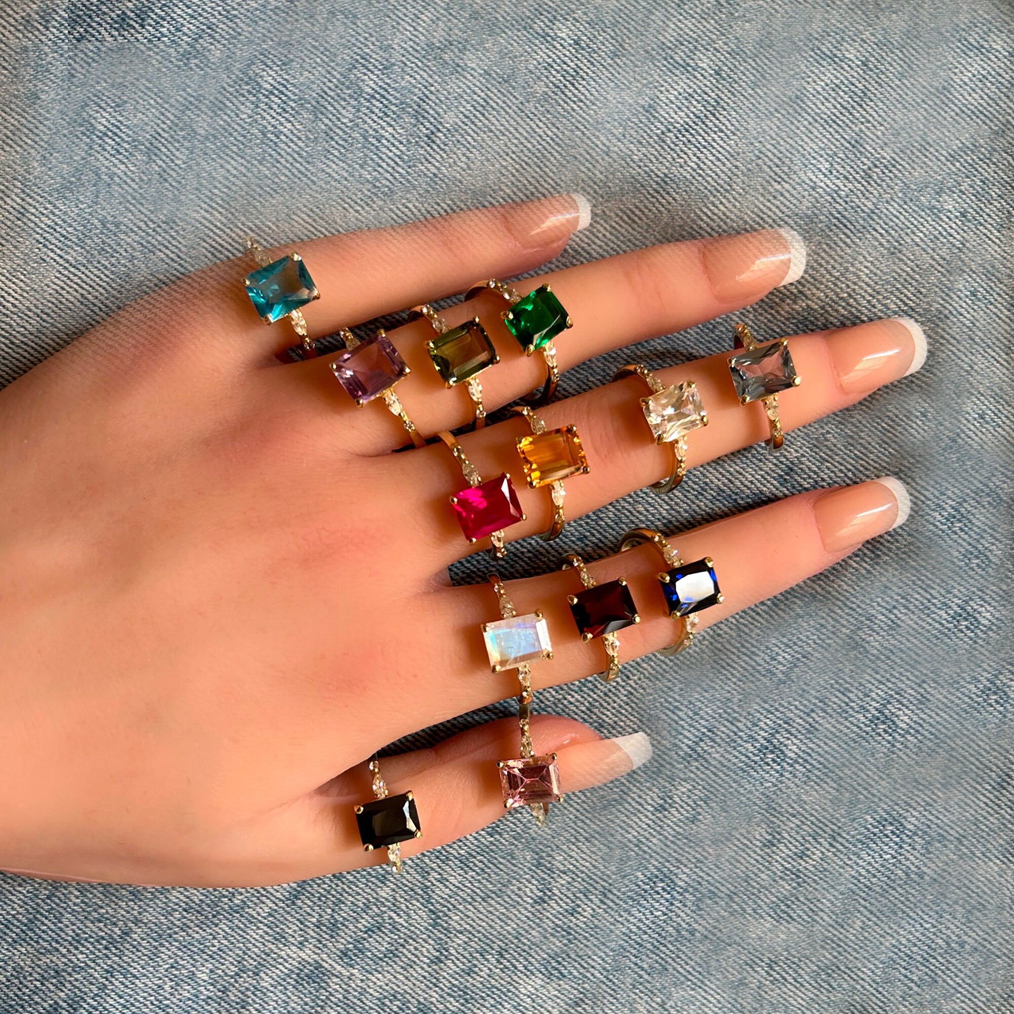 Emerald-Cut Citrine Gemstone Ring with Clear Quartz Accents - H.L.Jewelry