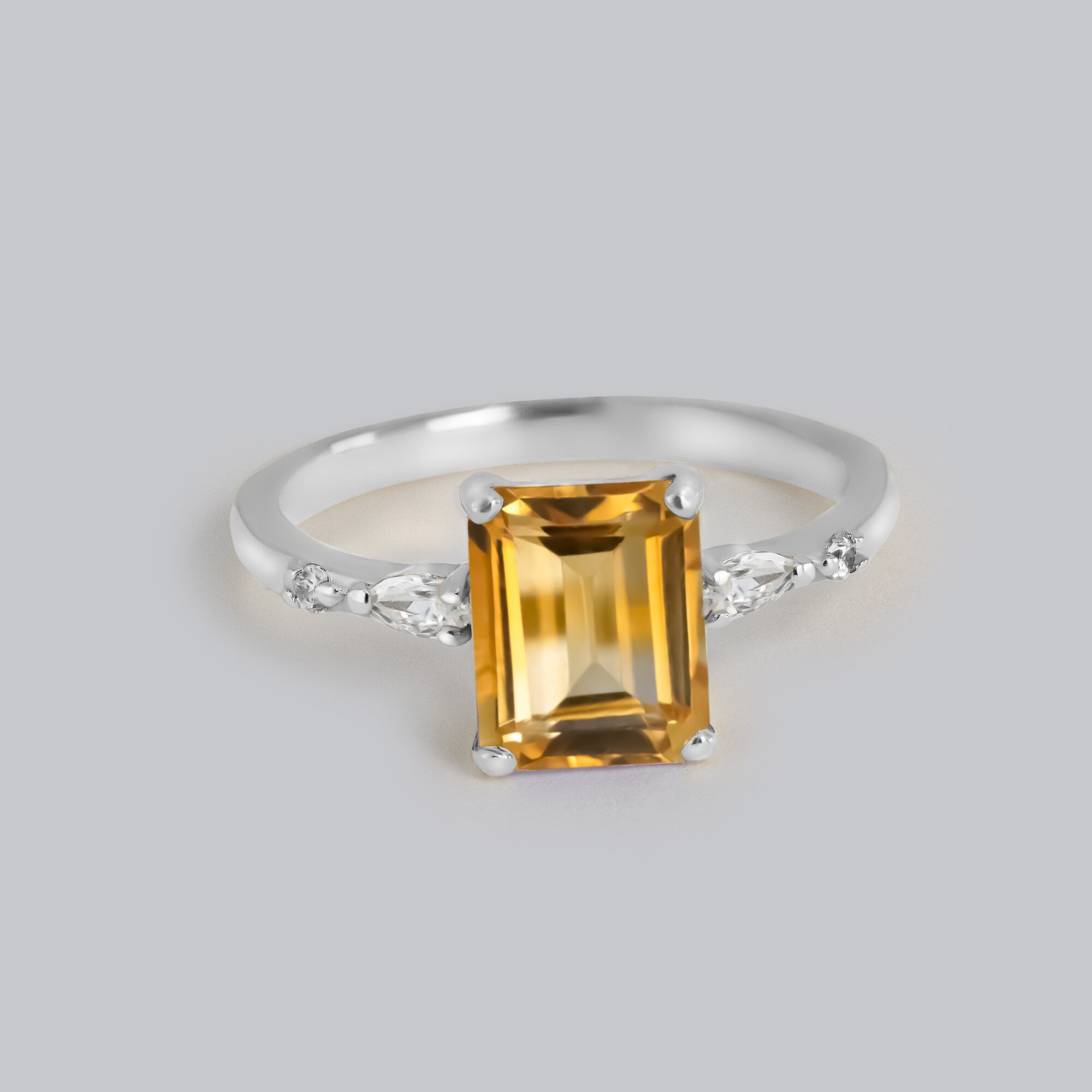 Emerald-Cut Citrine Gemstone Ring with Clear Quartz Accents - H.L.Jewelry