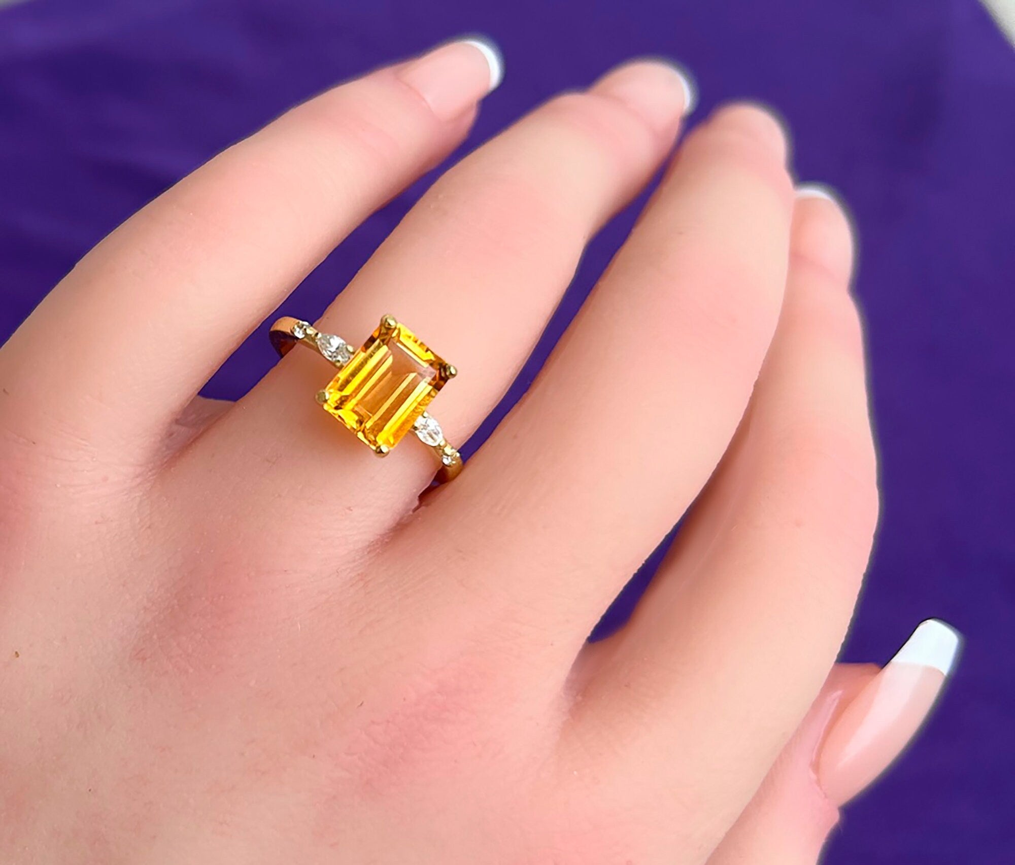 Emerald-Cut Citrine Gemstone Ring with Clear Quartz Accents - H.L.Jewelry
