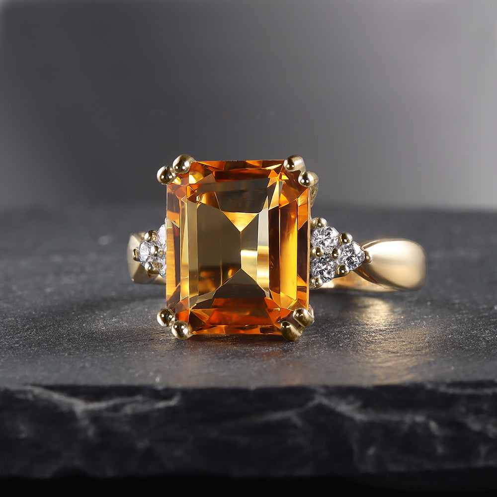 Emerald-Cut Citrine Statement Ring with Clear Quartz Accents - H.L.Jewelry