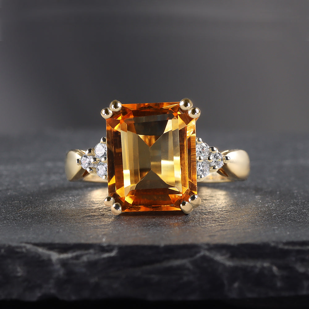 Emerald-Cut Citrine Statement Ring with Clear Quartz Accents - H.L.Jewelry